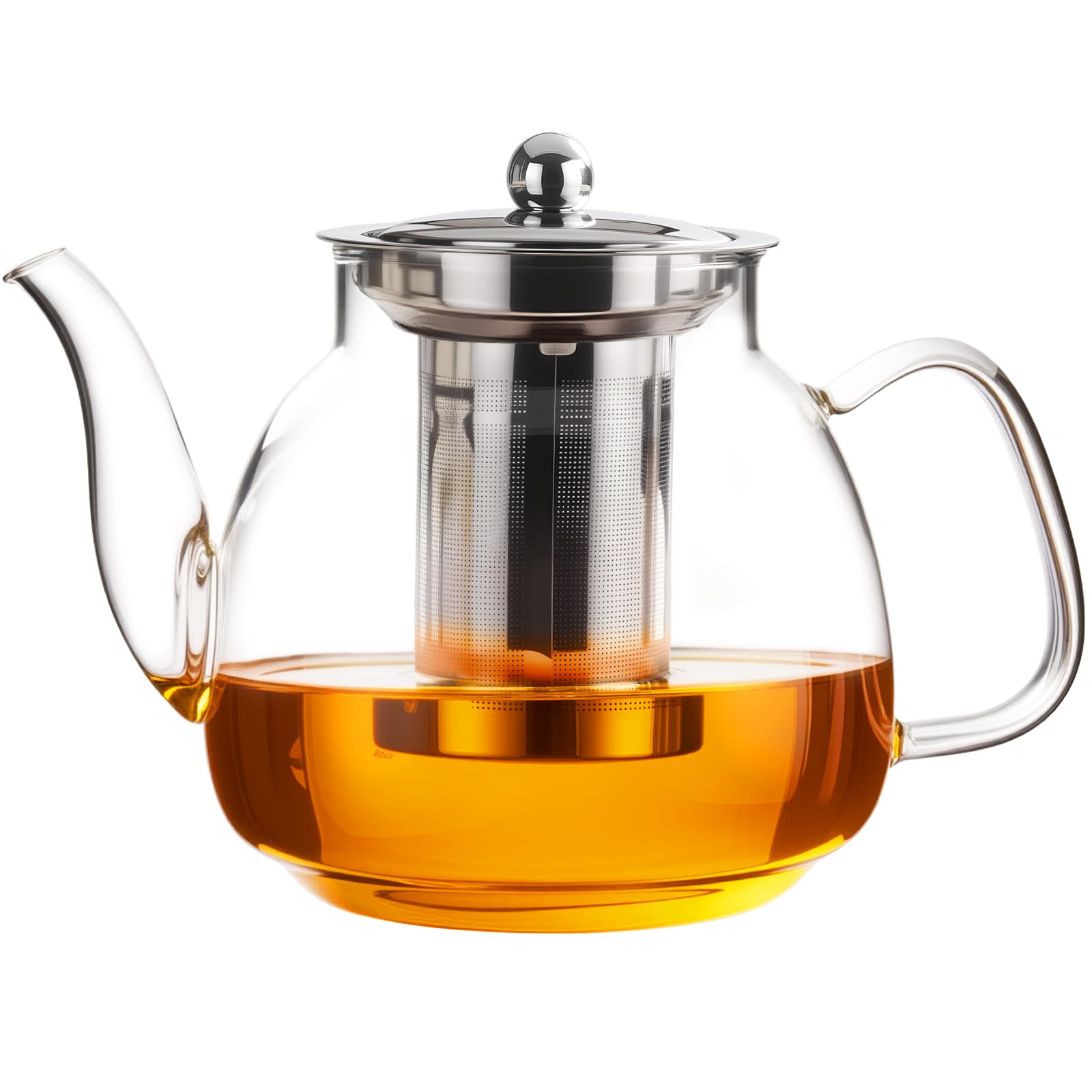 PARACITY Glass Teapot with Infuser, 34 oz Stovetop Tea Kettle, Long Spout | Borosilicate body and removable 18/8 stainless steel strainer brew blooming or loose leaf blends at home, camping or travel
