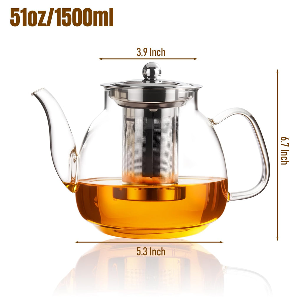 PARACITY Glass Teapot with Infuser, 34 oz Stovetop Tea Kettle, Long Spout | Borosilicate body and removable 18/8 stainless steel strainer brew blooming or loose leaf blends at home, camping or travel