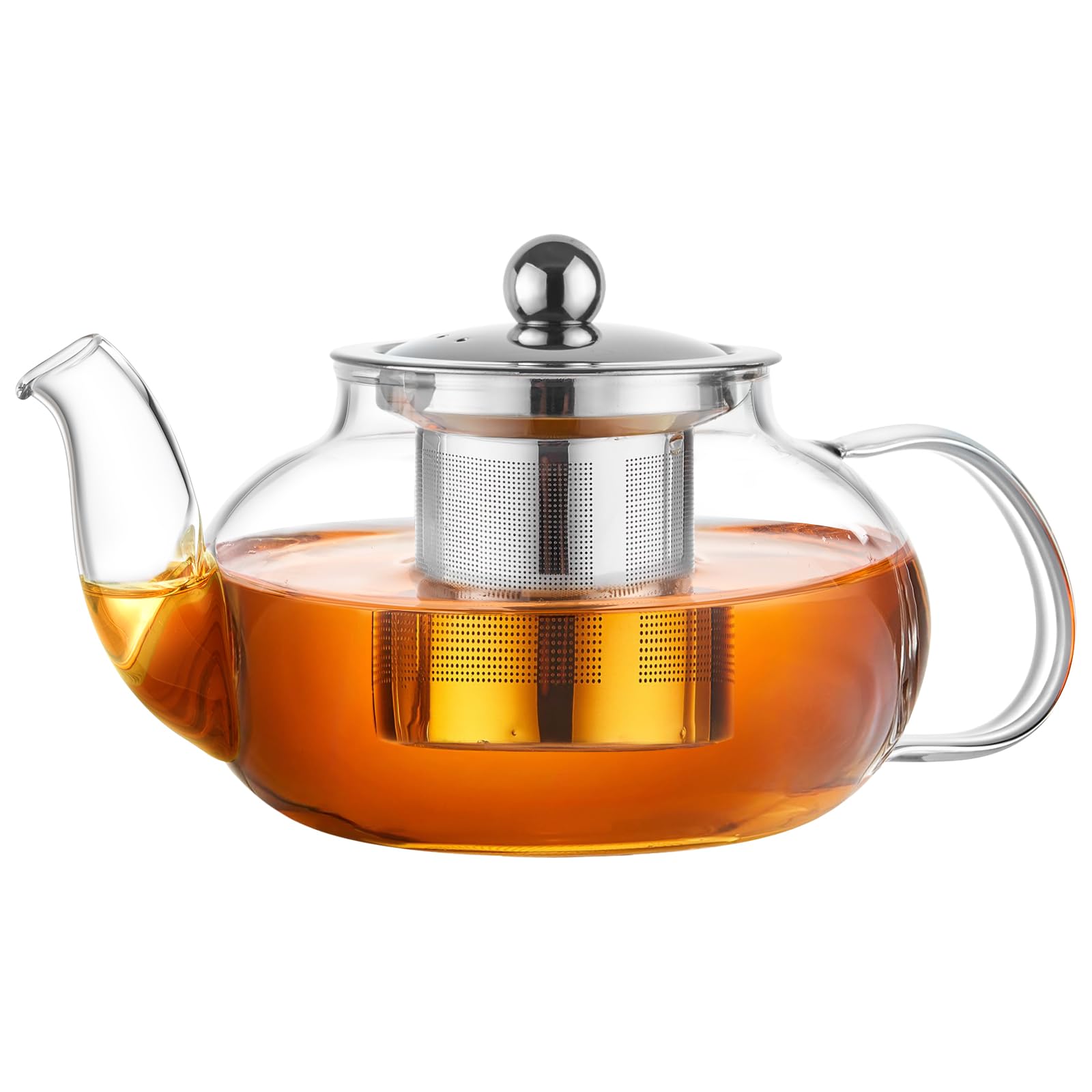 PARACITY Glass Teapot with Infuser, 34 oz Stovetop Tea Kettle, Long Spout | Borosilicate body and removable 18/8 stainless steel strainer brew blooming or loose leaf blends at home, camping or travel