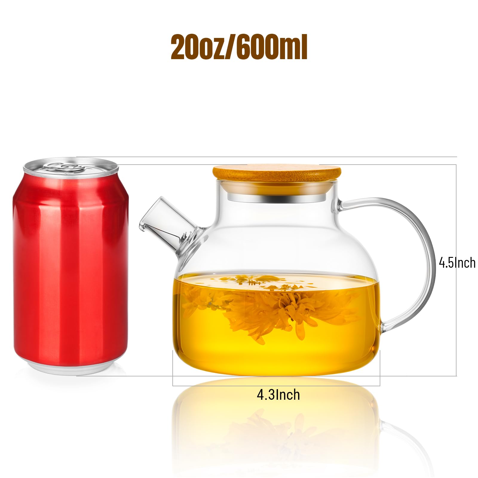 PARACITY Glass Teapot with Infuser, 34 oz Stovetop Tea Kettle, Long Spout | Borosilicate body and removable 18/8 stainless steel strainer brew blooming or loose leaf blends at home, camping or travel