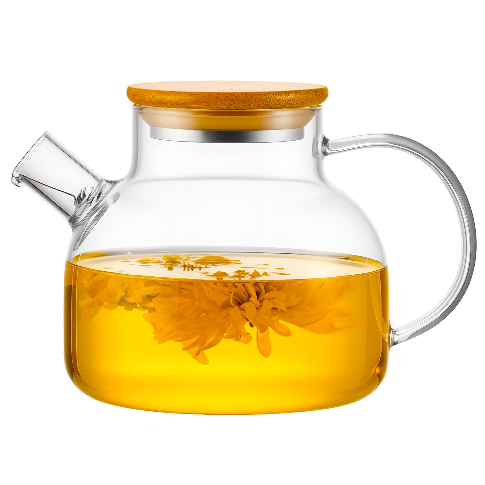 PARACITY Glass Teapot with Infuser, 34 oz Stovetop Tea Kettle, Long Spout | Borosilicate body and removable 18/8 stainless steel strainer brew blooming or loose leaf blends at home, camping or travel