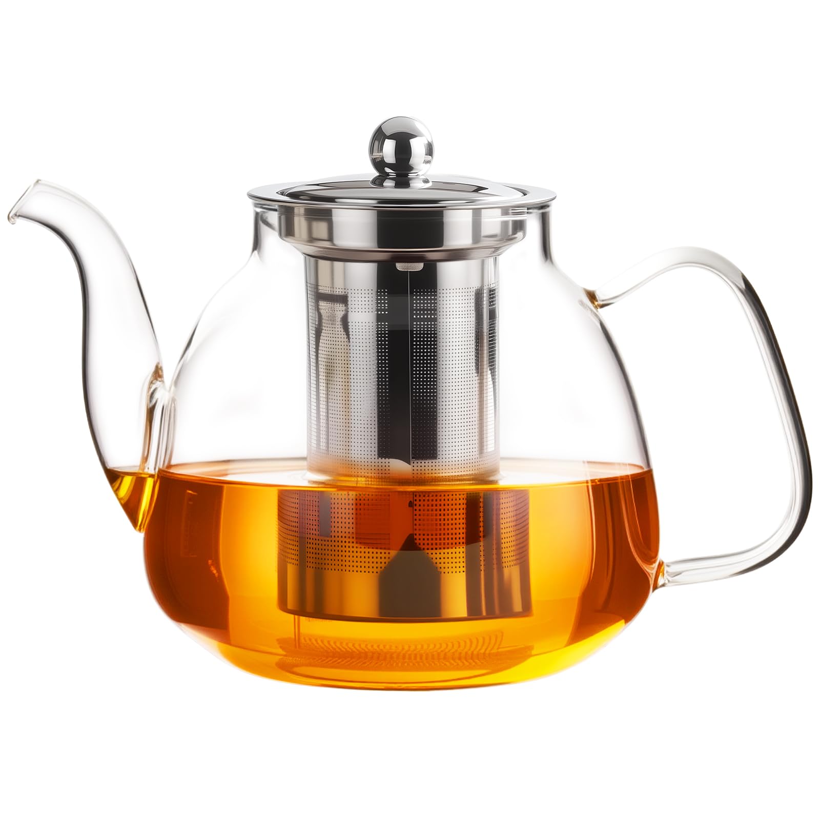 PARACITY Glass Teapot with Infuser, 34 oz Stovetop Tea Kettle, Long Spout | Borosilicate body and removable 18/8 stainless steel strainer brew blooming or loose leaf blends at home, camping or travel