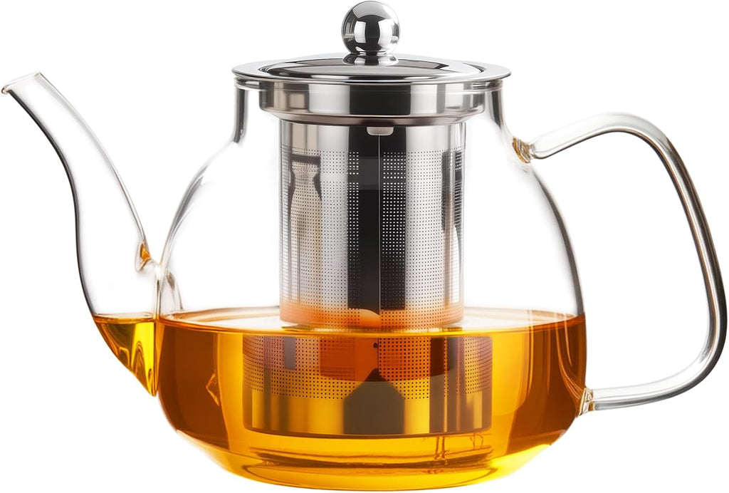 PARACITY Glass Teapot with Infuser, 34 oz Stovetop Tea Kettle, Long Spout | Borosilicate body and removable 18/8 stainless steel strainer brew blooming or loose leaf blends at home, camping or travel