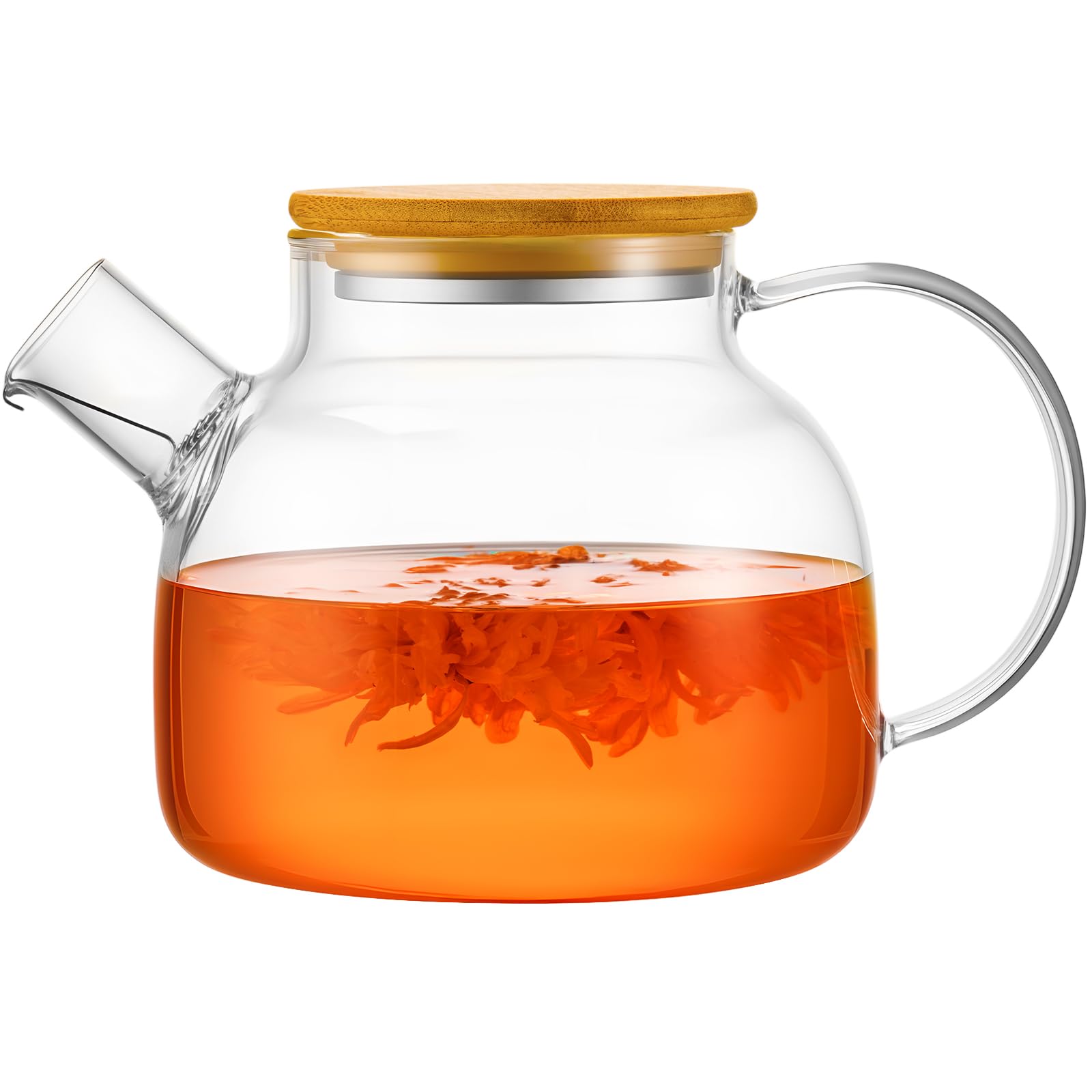 PARACITY Glass Teapot with Infuser, 34 oz Stovetop Tea Kettle, Long Spout | Borosilicate body and removable 18/8 stainless steel strainer brew blooming or loose leaf blends at home, camping or travel