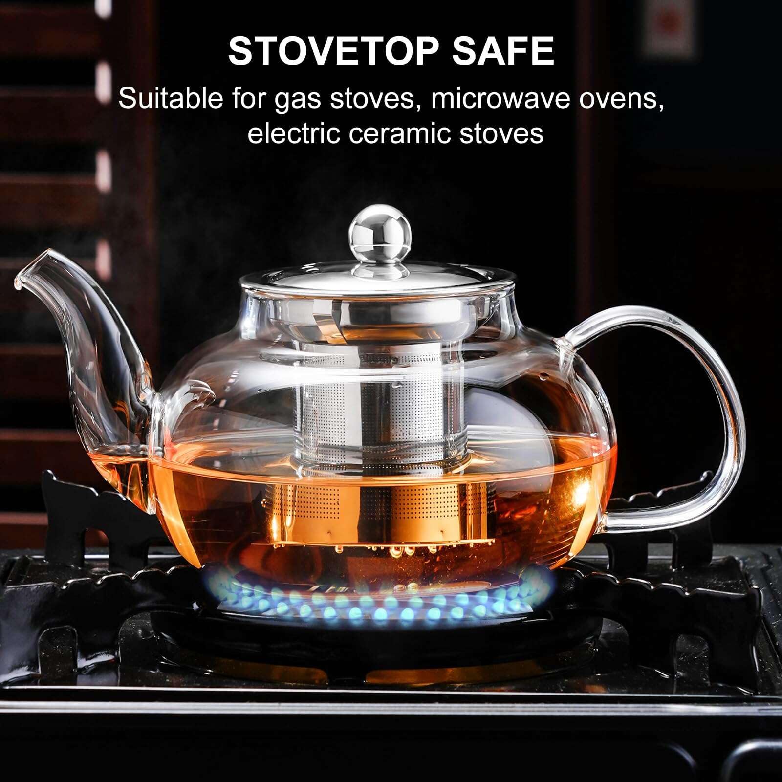 PARACITY Glass Teapot with Infuser, 34 oz Stovetop Tea Kettle, Long Spout | Borosilicate body and removable 18/8 stainless steel strainer brew blooming or loose leaf blends at home, camping or travel
