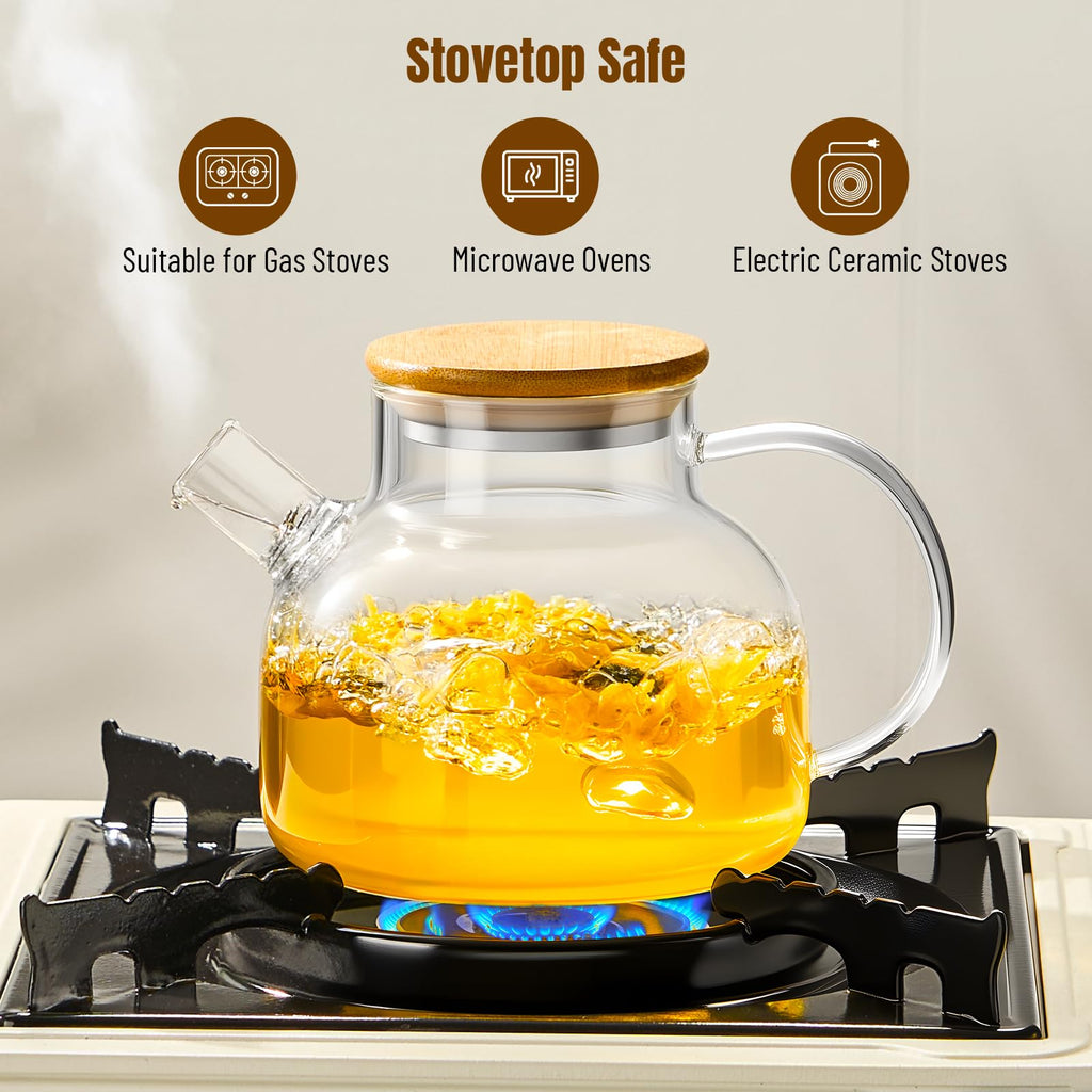 PARACITY Glass Teapot with Infuser, 34 oz Stovetop Tea Kettle, Long Spout | Borosilicate body and removable 18/8 stainless steel strainer brew blooming or loose leaf blends at home, camping or travel