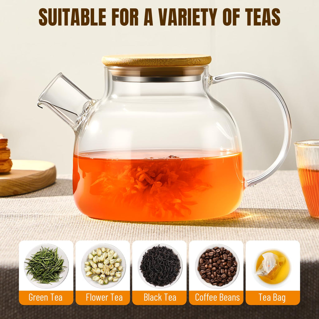 PARACITY Glass Teapot with Infuser, 34 oz Stovetop Tea Kettle, Long Spout | Borosilicate body and removable 18/8 stainless steel strainer brew blooming or loose leaf blends at home, camping or travel