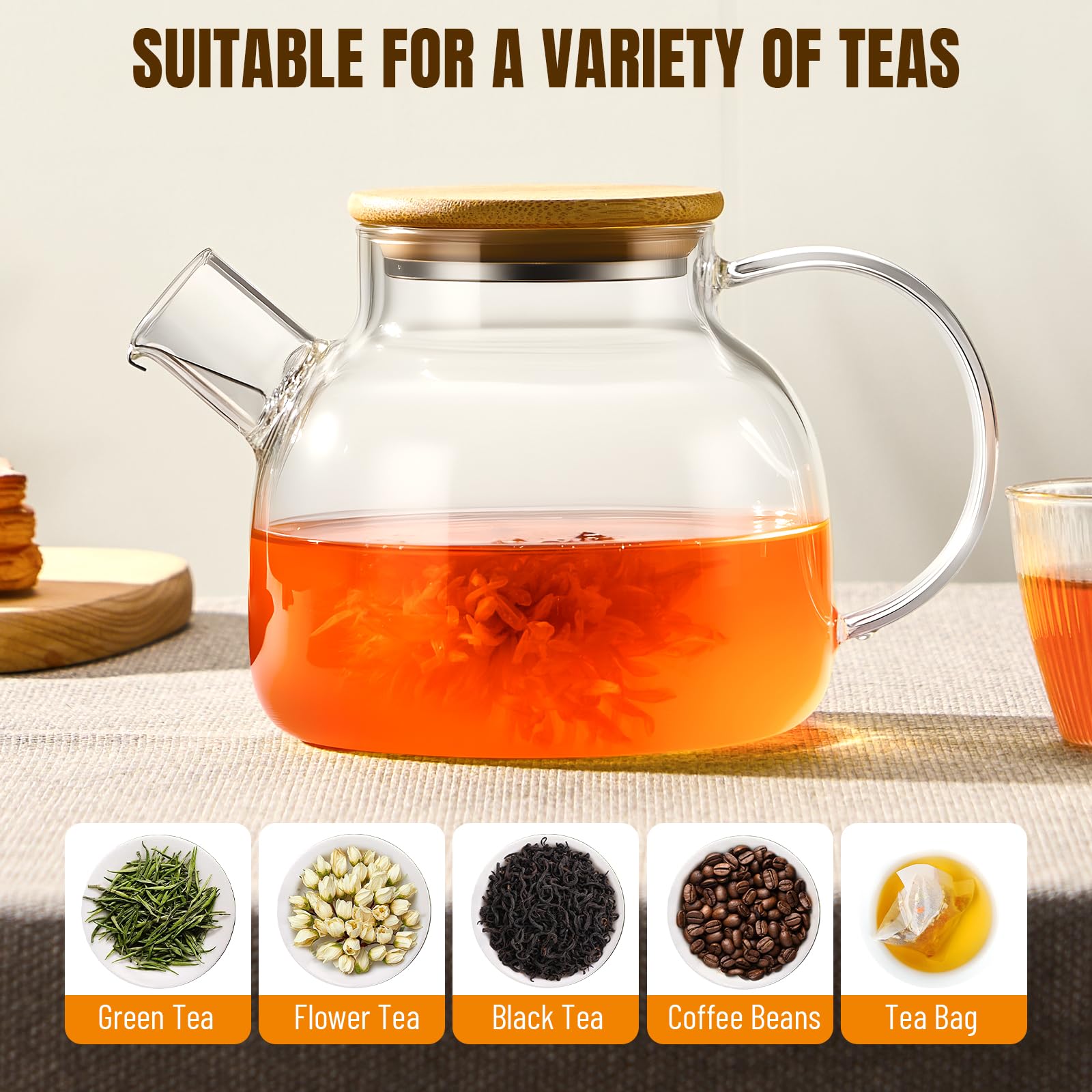 PARACITY Glass Teapot with Infuser, 34 oz Stovetop Tea Kettle, Long Spout | Borosilicate body and removable 18/8 stainless steel strainer brew blooming or loose leaf blends at home, camping or travel