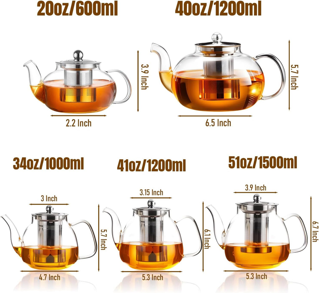 PARACITY Glass Teapot with Infuser, 34 oz Stovetop Tea Kettle, Long Spout | Borosilicate body and removable 18/8 stainless steel strainer brew blooming or loose leaf blends at home, camping or travel