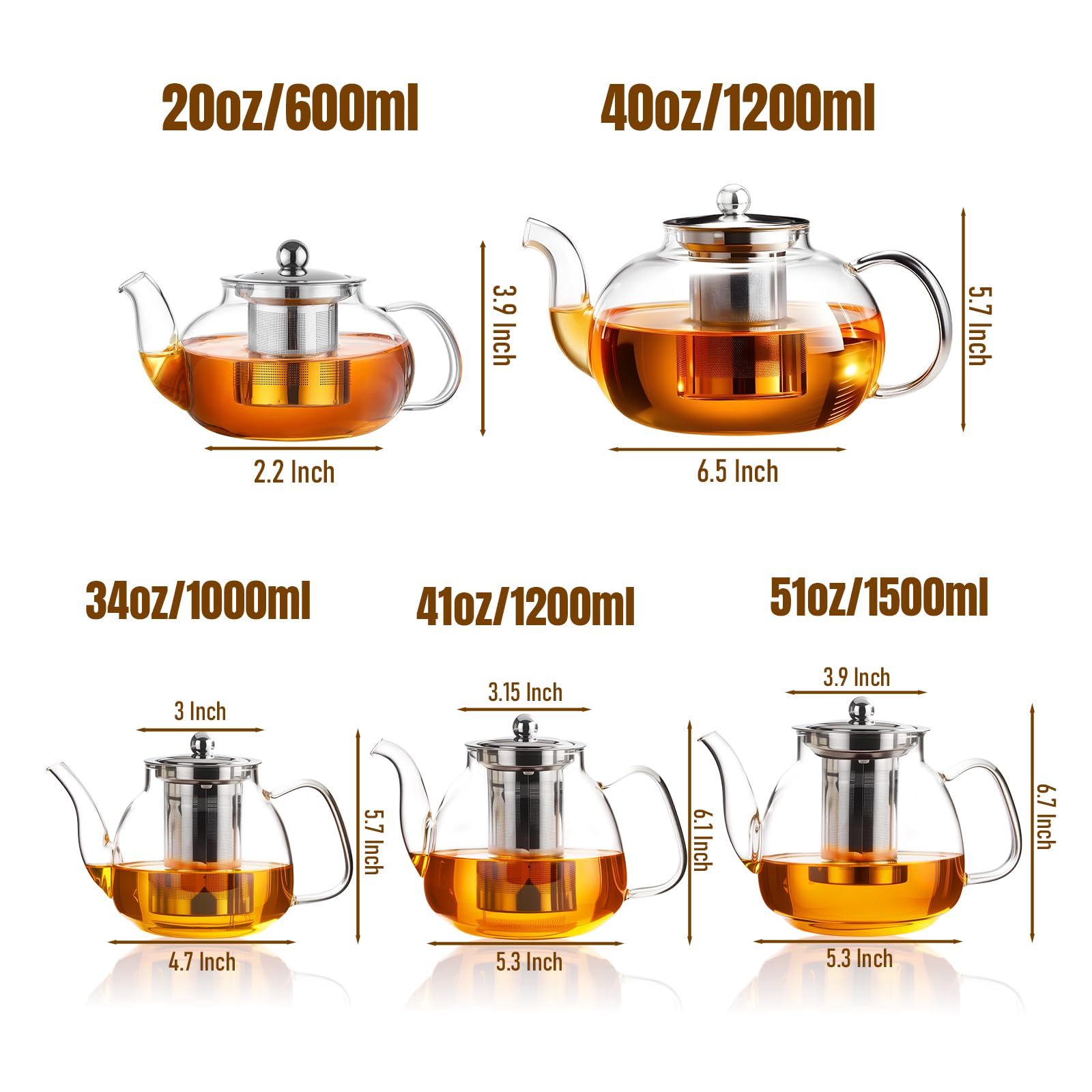 PARACITY Glass Teapot with Infuser, 34 oz Stovetop Tea Kettle, Long Spout | Borosilicate body and removable 18/8 stainless steel strainer brew blooming or loose leaf blends at home, camping or travel