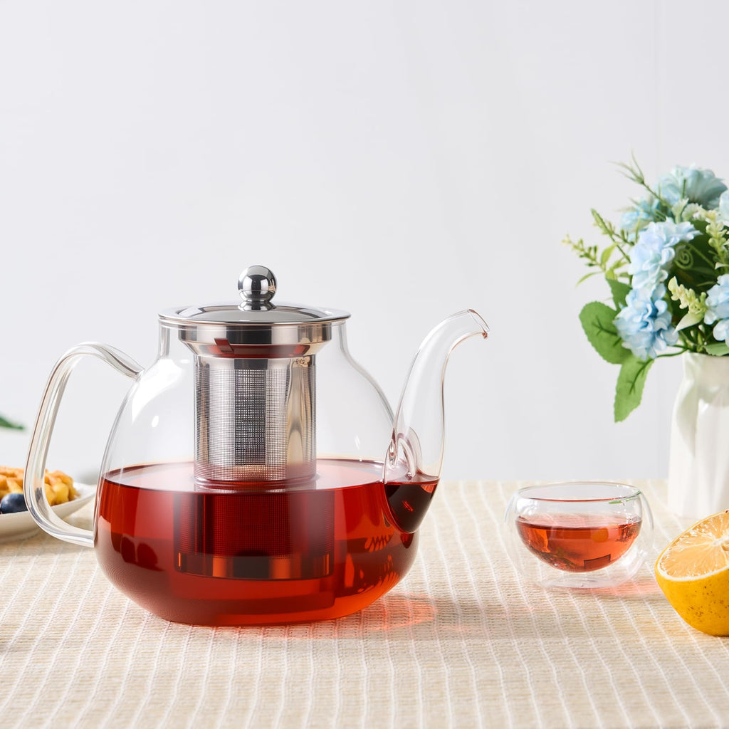 PARACITY Glass Teapot with Infuser, 34 oz Stovetop Tea Kettle, Long Spout | Borosilicate body and removable 18/8 stainless steel strainer brew blooming or loose leaf blends at home, camping or travel