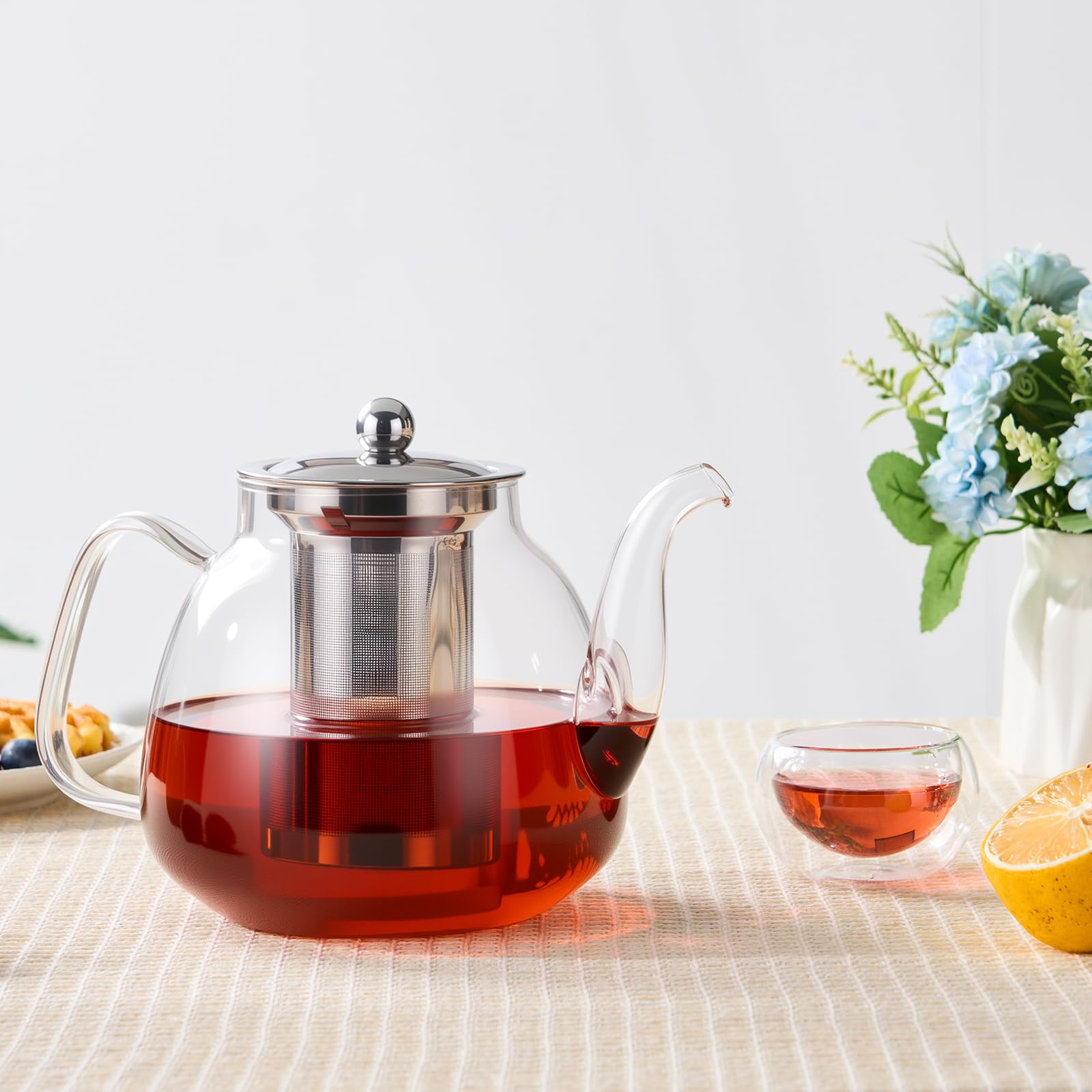 PARACITY Glass Teapot with Infuser, 34 oz Stovetop Tea Kettle, Long Spout | Borosilicate body and removable 18/8 stainless steel strainer brew blooming or loose leaf blends at home, camping or travel