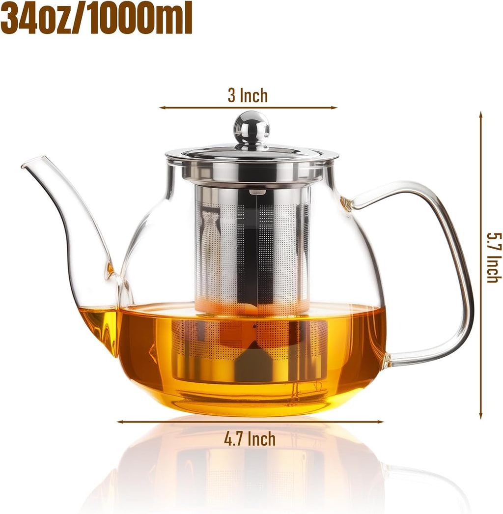PARACITY Glass Teapot with Infuser, 34 oz Stovetop Tea Kettle, Long Spout | Borosilicate body and removable 18/8 stainless steel strainer brew blooming or loose leaf blends at home, camping or travel