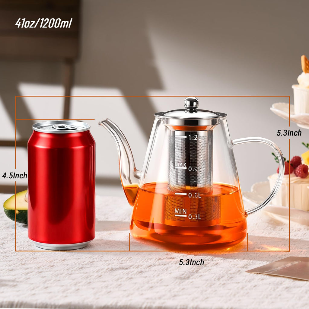 PARACITY Glass Teapot with Infuser, 34 oz Stovetop Tea Kettle, Long Spout | Borosilicate body and removable 18/8 stainless steel strainer brew blooming or loose leaf blends at home, camping or travel