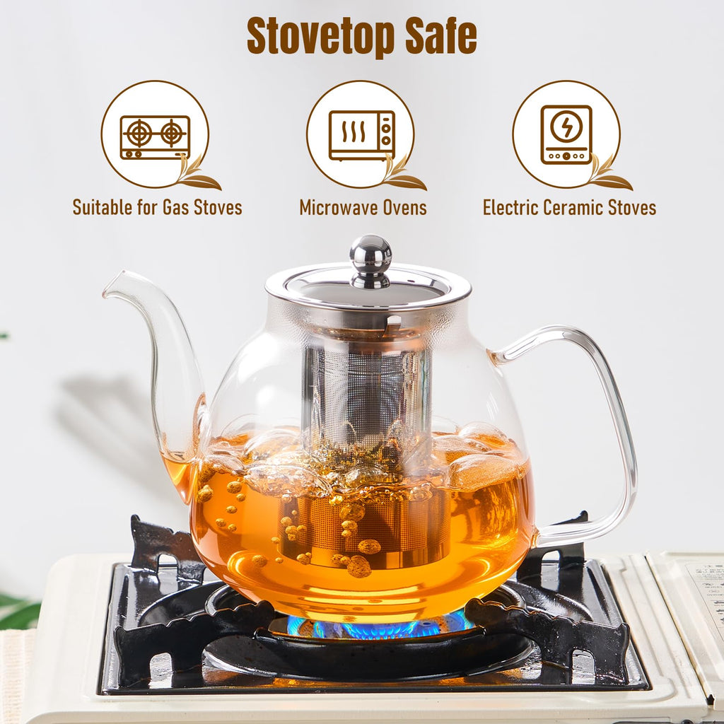 PARACITY Glass Teapot with Infuser, 34 oz Stovetop Tea Kettle, Long Spout | Borosilicate body and removable 18/8 stainless steel strainer brew blooming or loose leaf blends at home, camping or travel