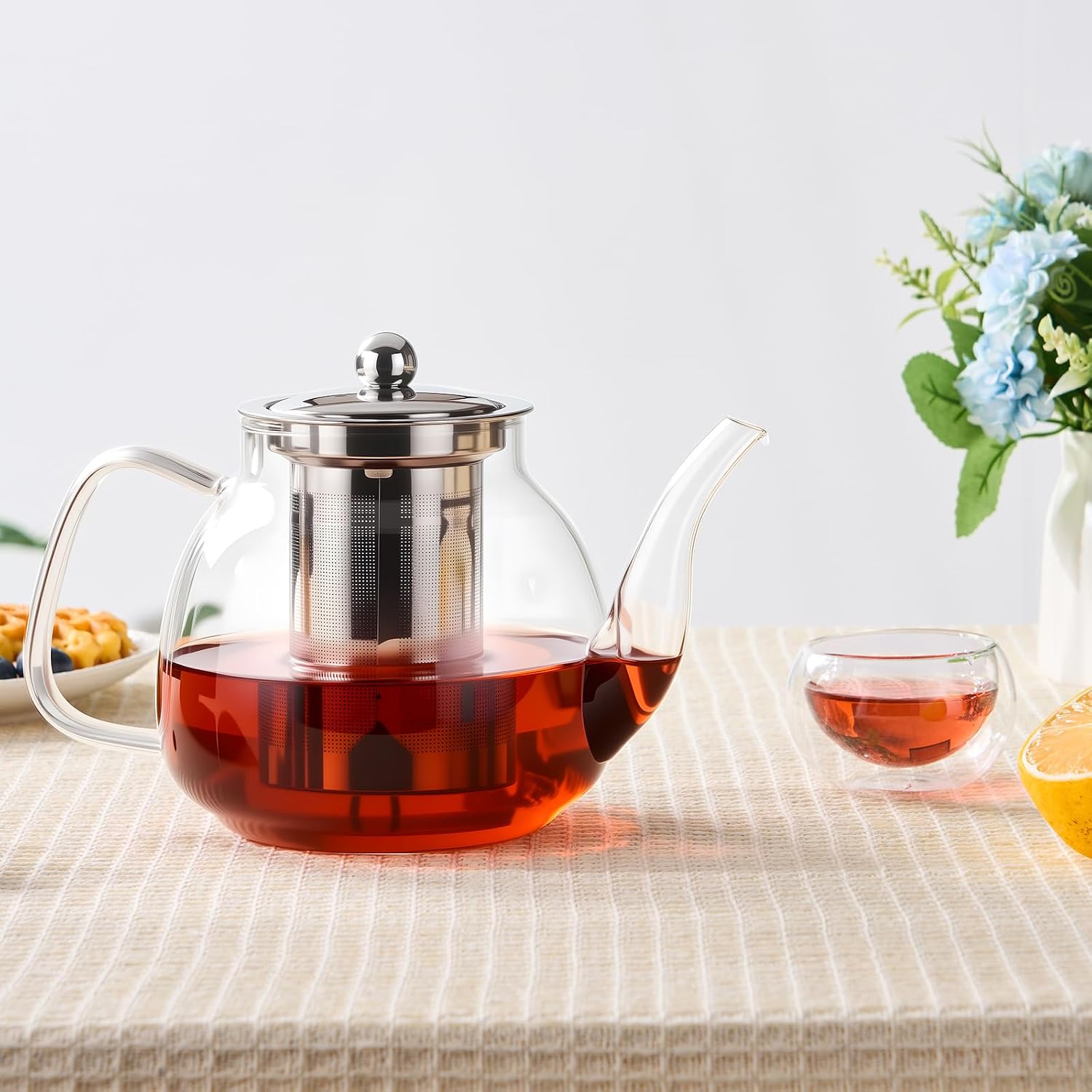 PARACITY Glass Teapot with Infuser, 34 oz Stovetop Tea Kettle, Long Spout | Borosilicate body and removable 18/8 stainless steel strainer brew blooming or loose leaf blends at home, camping or travel