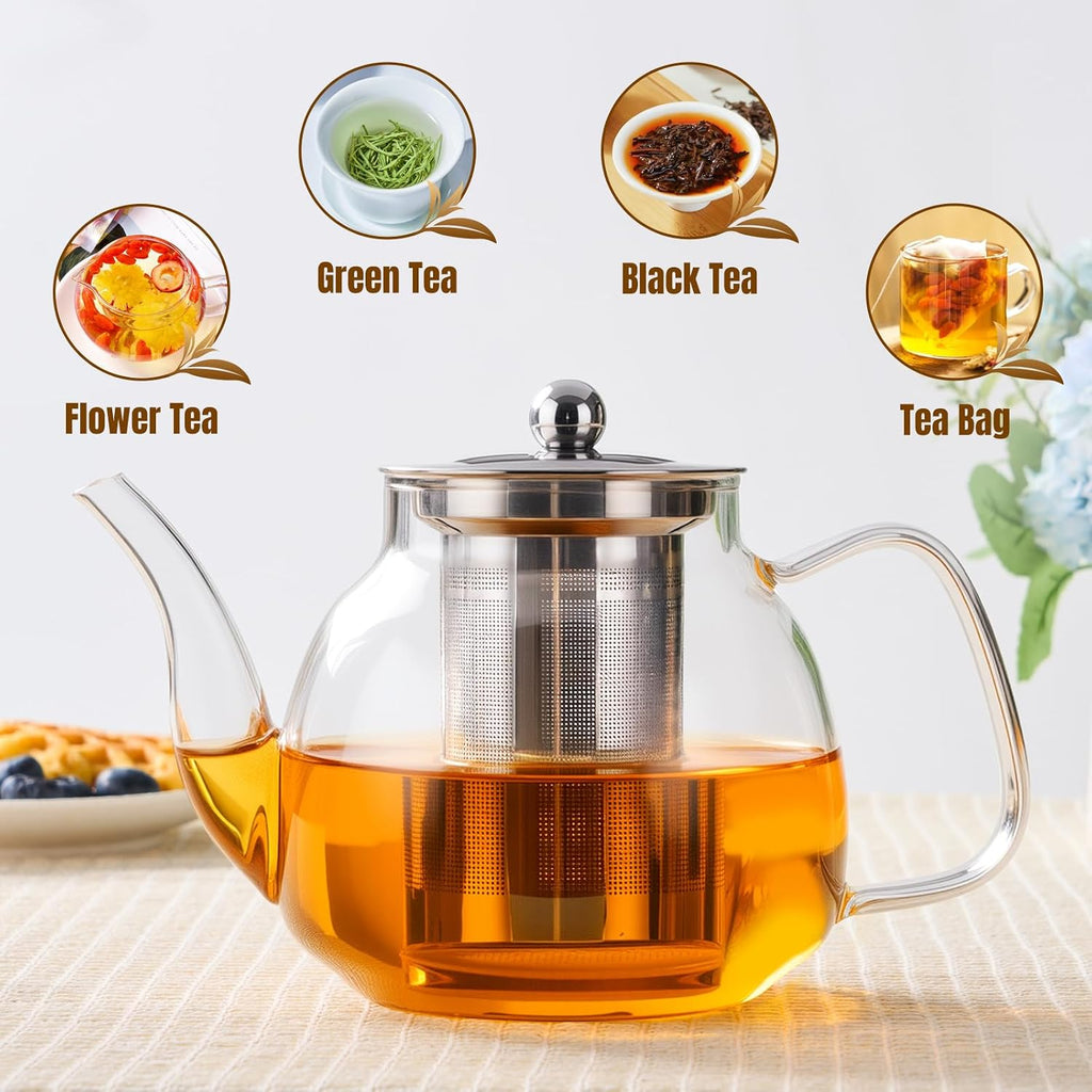 PARACITY Glass Teapot with Infuser, 34 oz Stovetop Tea Kettle, Long Spout | Borosilicate body and removable 18/8 stainless steel strainer brew blooming or loose leaf blends at home, camping or travel