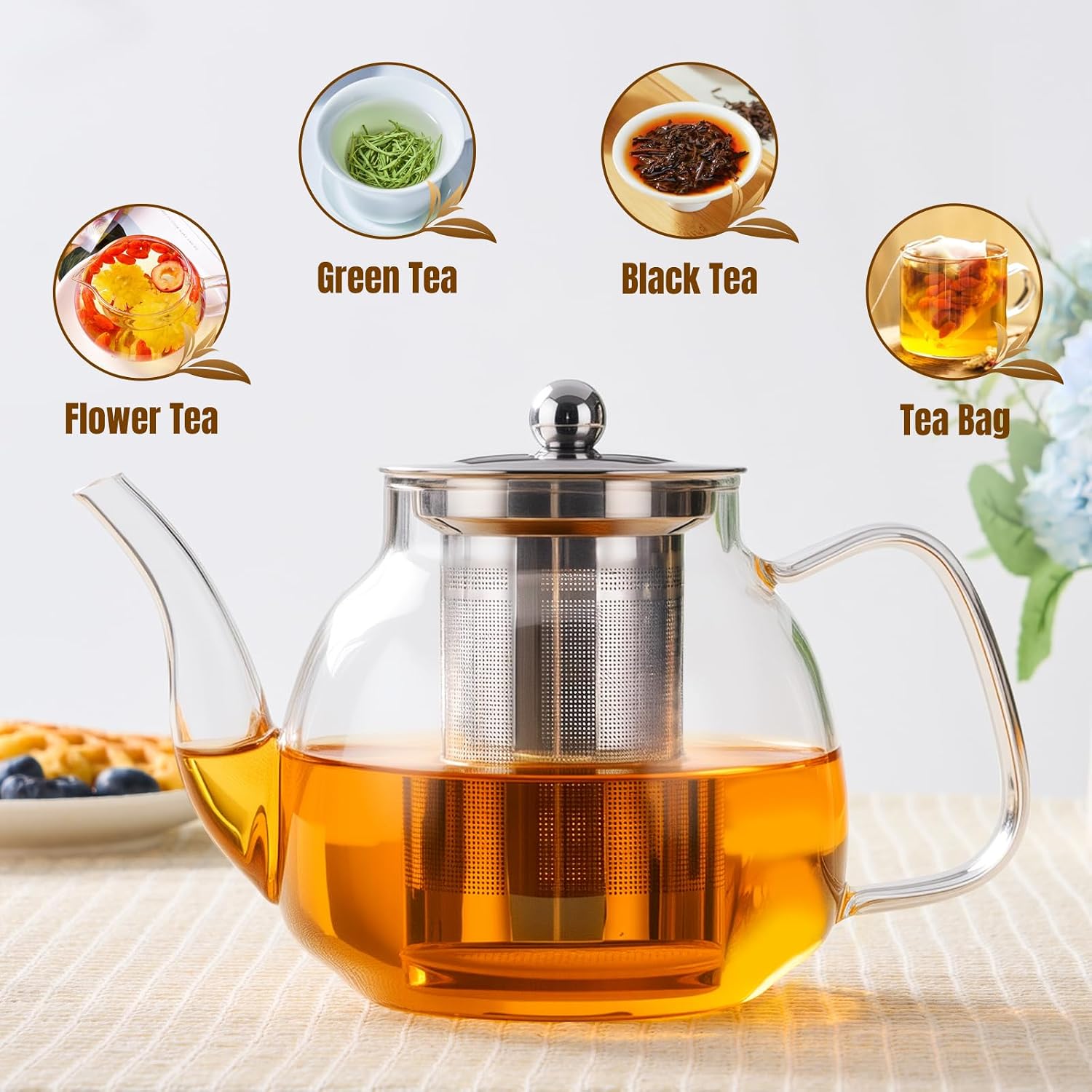 PARACITY Glass Teapot with Infuser, 34 oz Stovetop Tea Kettle, Long Spout | Borosilicate body and removable 18/8 stainless steel strainer brew blooming or loose leaf blends at home, camping or travel