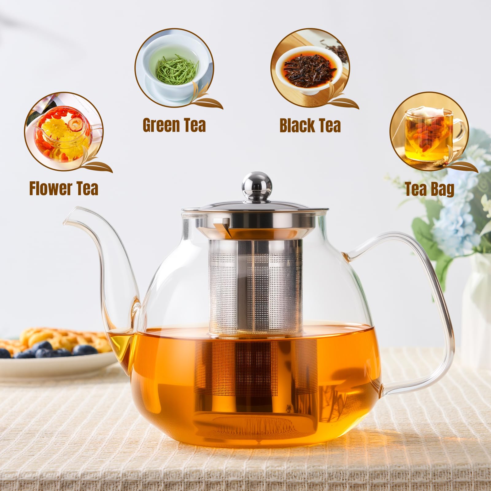 PARACITY Glass Teapot with Infuser, 34 oz Stovetop Tea Kettle, Long Spout | Borosilicate body and removable 18/8 stainless steel strainer brew blooming or loose leaf blends at home, camping or travel
