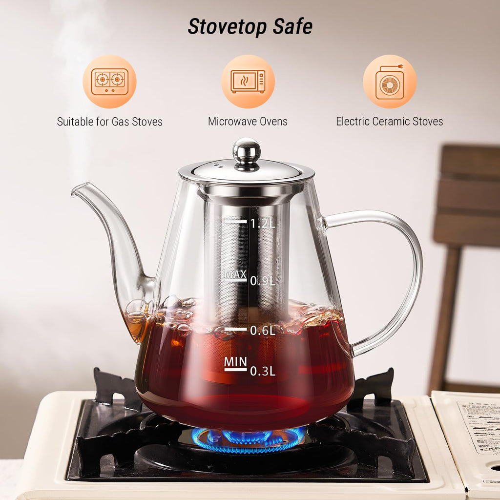 PARACITY Glass Teapot with Infuser, 34 oz Stovetop Tea Kettle, Long Spout | Borosilicate body and removable 18/8 stainless steel strainer brew blooming or loose leaf blends at home, camping or travel