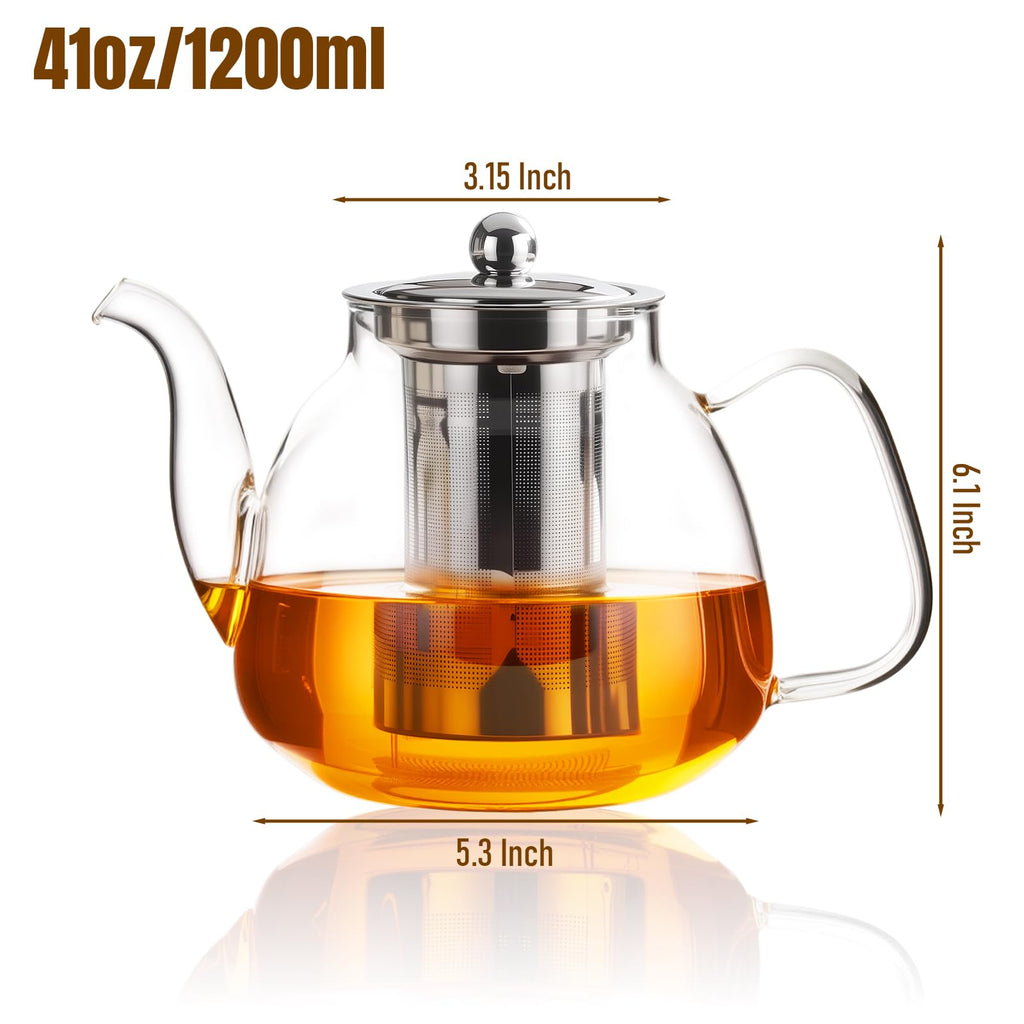 PARACITY Glass Teapot with Infuser, 34 oz Stovetop Tea Kettle, Long Spout | Borosilicate body and removable 18/8 stainless steel strainer brew blooming or loose leaf blends at home, camping or travel