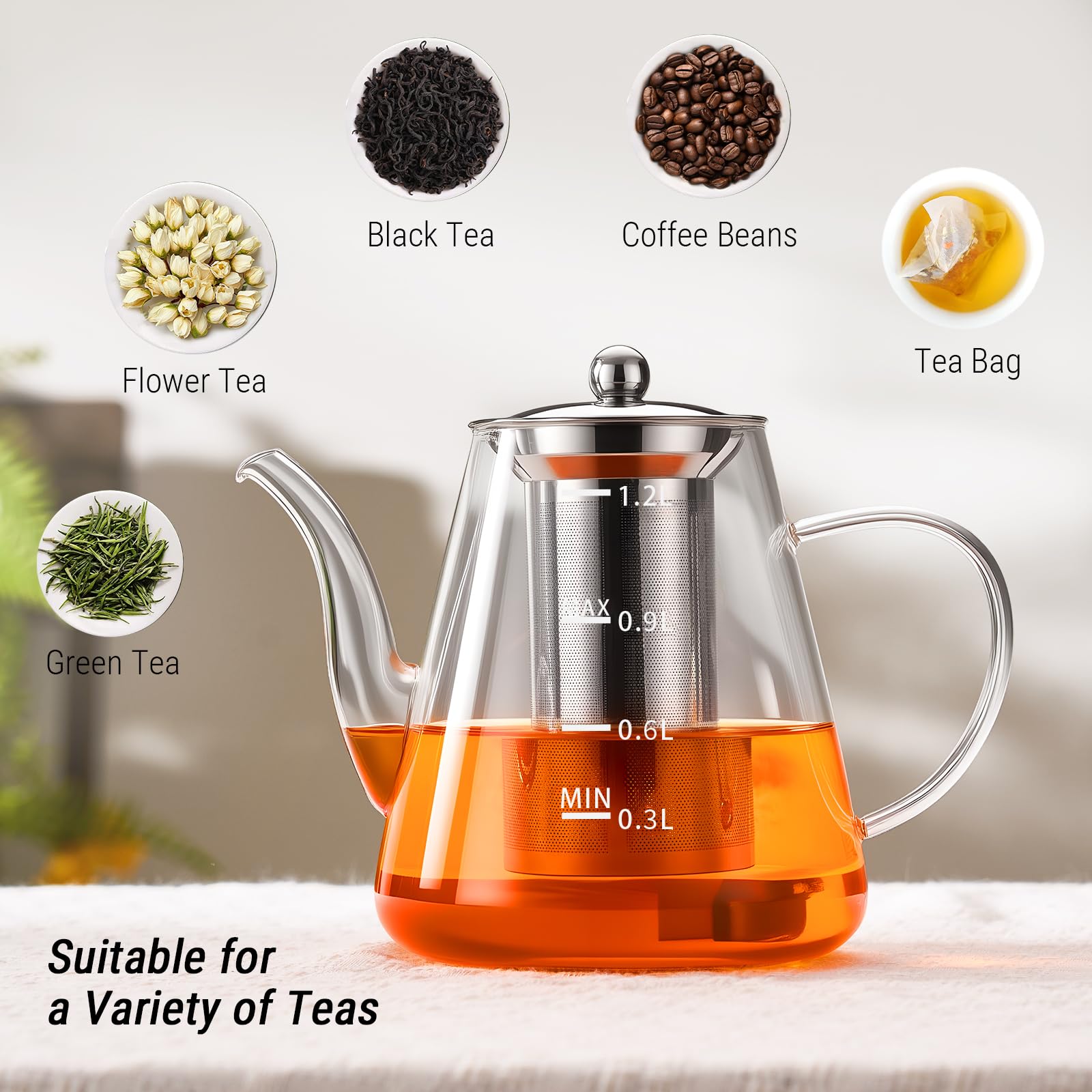 PARACITY Glass Teapot with Infuser, 34 oz Stovetop Tea Kettle, Long Spout | Borosilicate body and removable 18/8 stainless steel strainer brew blooming or loose leaf blends at home, camping or travel
