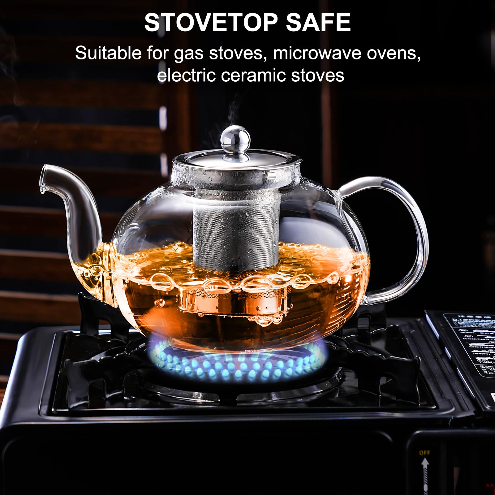 PARACITY Glass Teapot with Infuser, 34 oz Stovetop Tea Kettle, Long Spout | Borosilicate body and removable 18/8 stainless steel strainer brew blooming or loose leaf blends at home, camping or travel