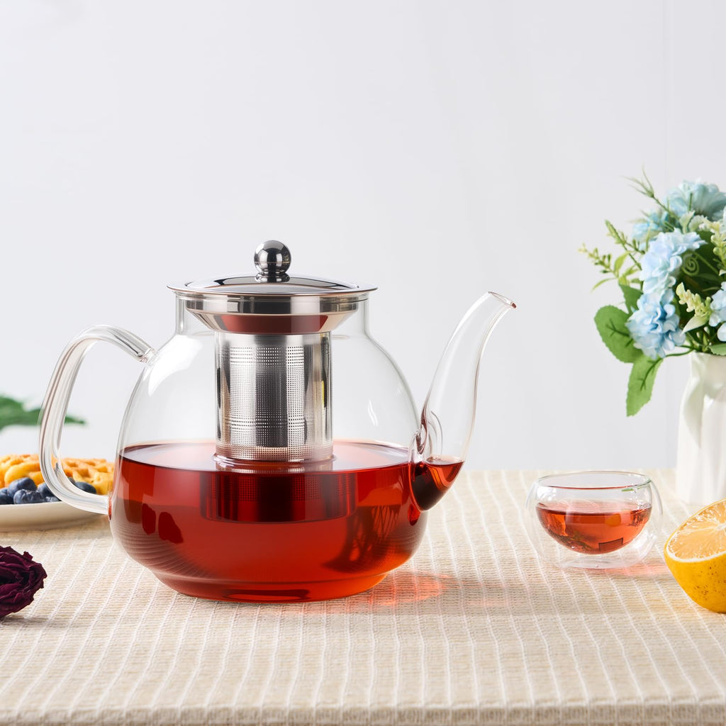 PARACITY Glass Teapot with Infuser, 34 oz Stovetop Tea Kettle, Long Spout | Borosilicate body and removable 18/8 stainless steel strainer brew blooming or loose leaf blends at home, camping or travel