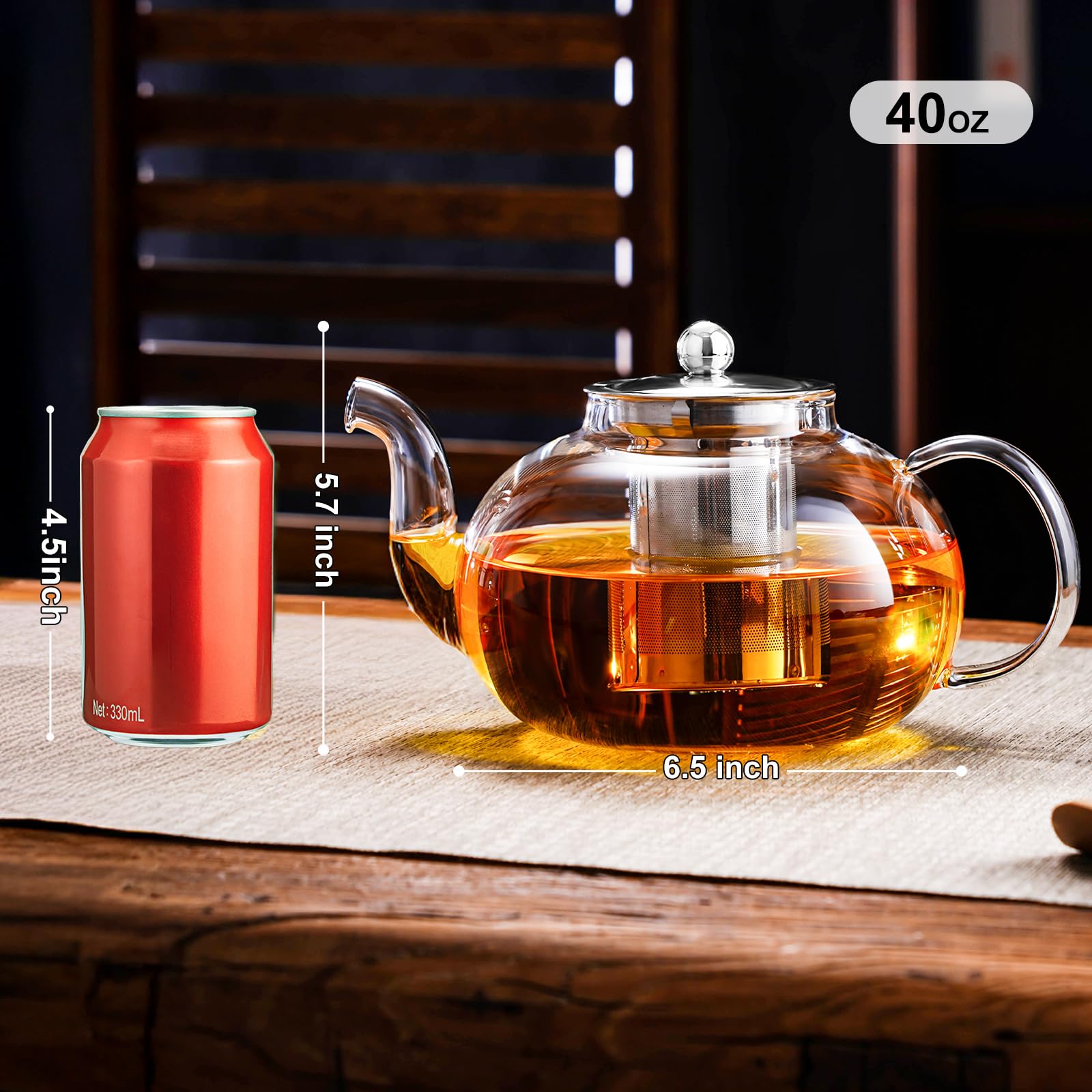 PARACITY Glass Teapot with Infuser, 34 oz Stovetop Tea Kettle, Long Spout | Borosilicate body and removable 18/8 stainless steel strainer brew blooming or loose leaf blends at home, camping or travel