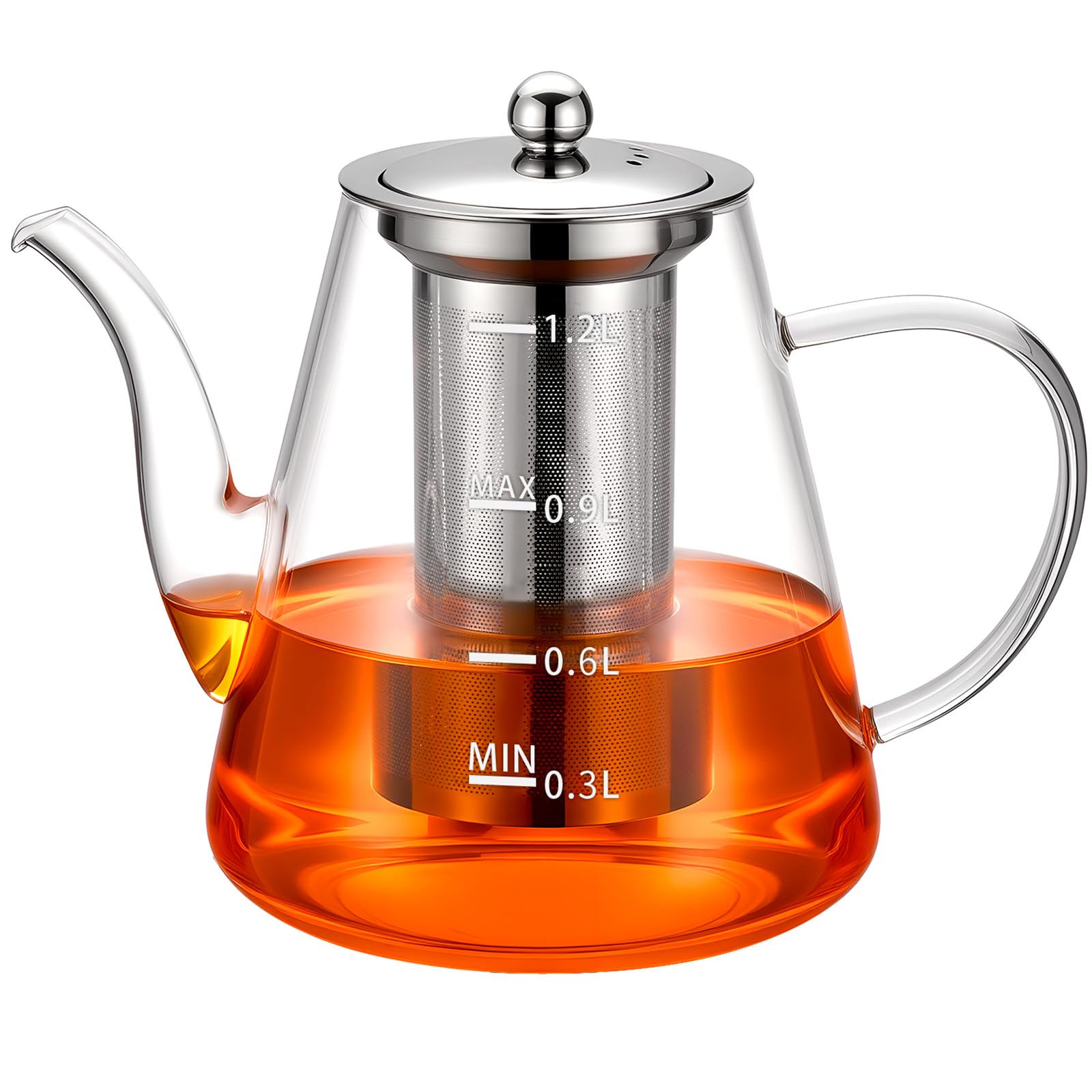 PARACITY Glass Teapot with Infuser, 34 oz Stovetop Tea Kettle, Long Spout | Borosilicate body and removable 18/8 stainless steel strainer brew blooming or loose leaf blends at home, camping or travel