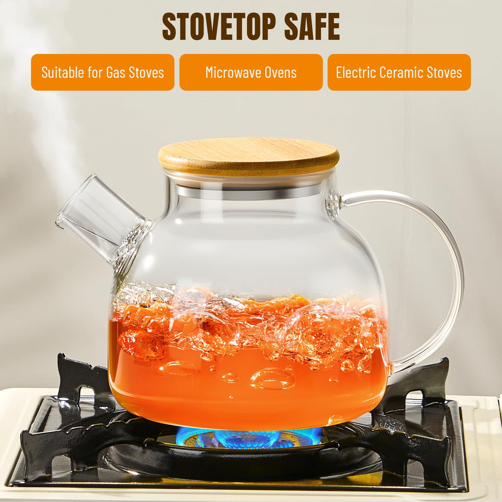 PARACITY Glass Teapot with Infuser, 34 oz Stovetop Tea Kettle, Long Spout | Borosilicate body and removable 18/8 stainless steel strainer brew blooming or loose leaf blends at home, camping or travel