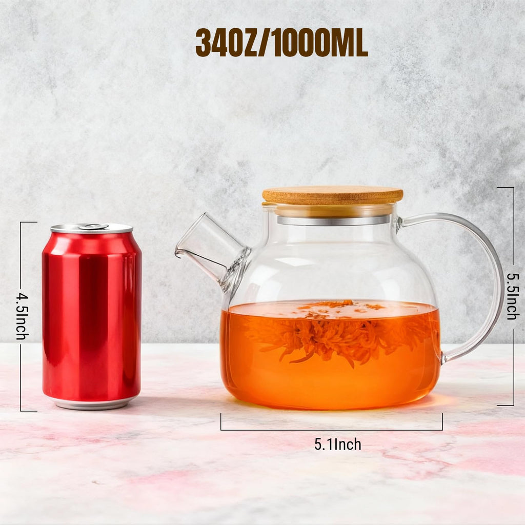 PARACITY Glass Teapot with Infuser, 34 oz Stovetop Tea Kettle, Long Spout | Borosilicate body and removable 18/8 stainless steel strainer brew blooming or loose leaf blends at home, camping or travel