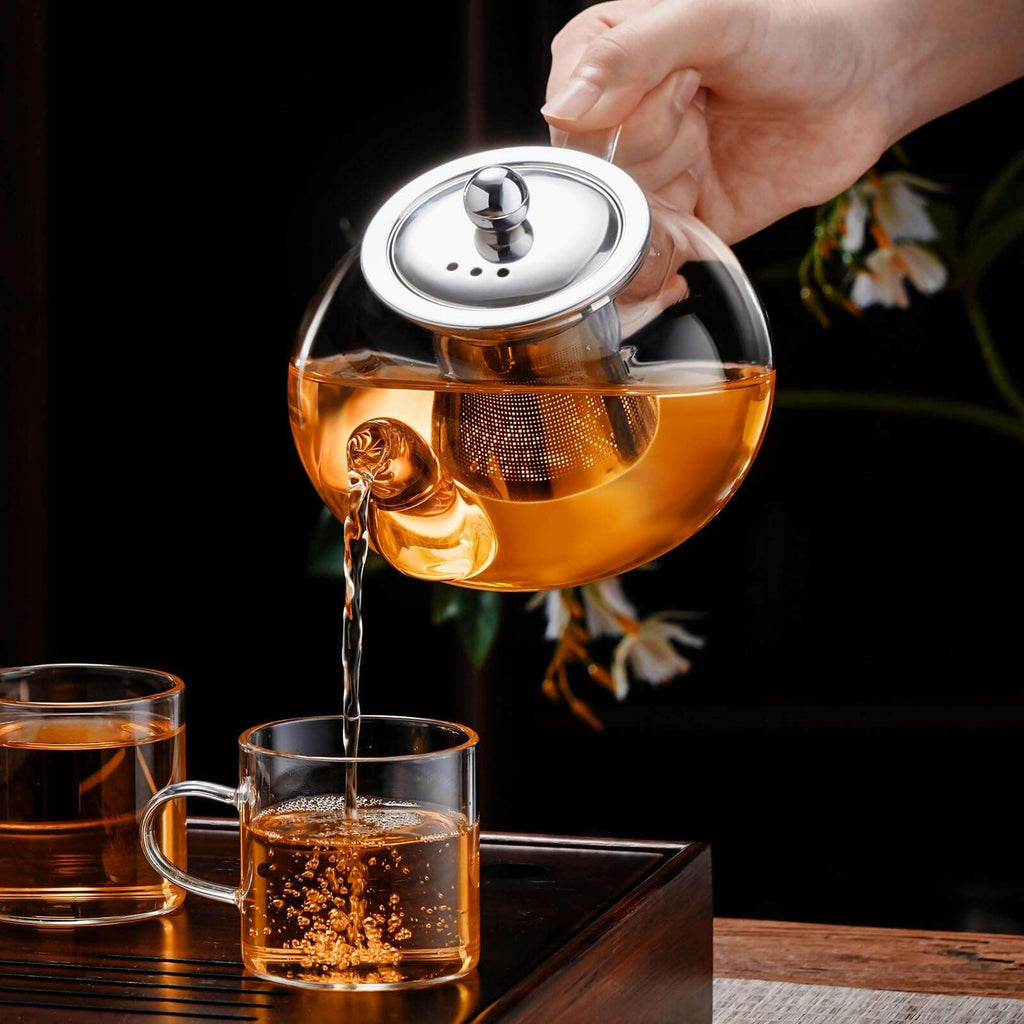 PARACITY Glass Teapot with Infuser, 34 oz Stovetop Tea Kettle, Long Spout | Borosilicate body and removable 18/8 stainless steel strainer brew blooming or loose leaf blends at home, camping or travel