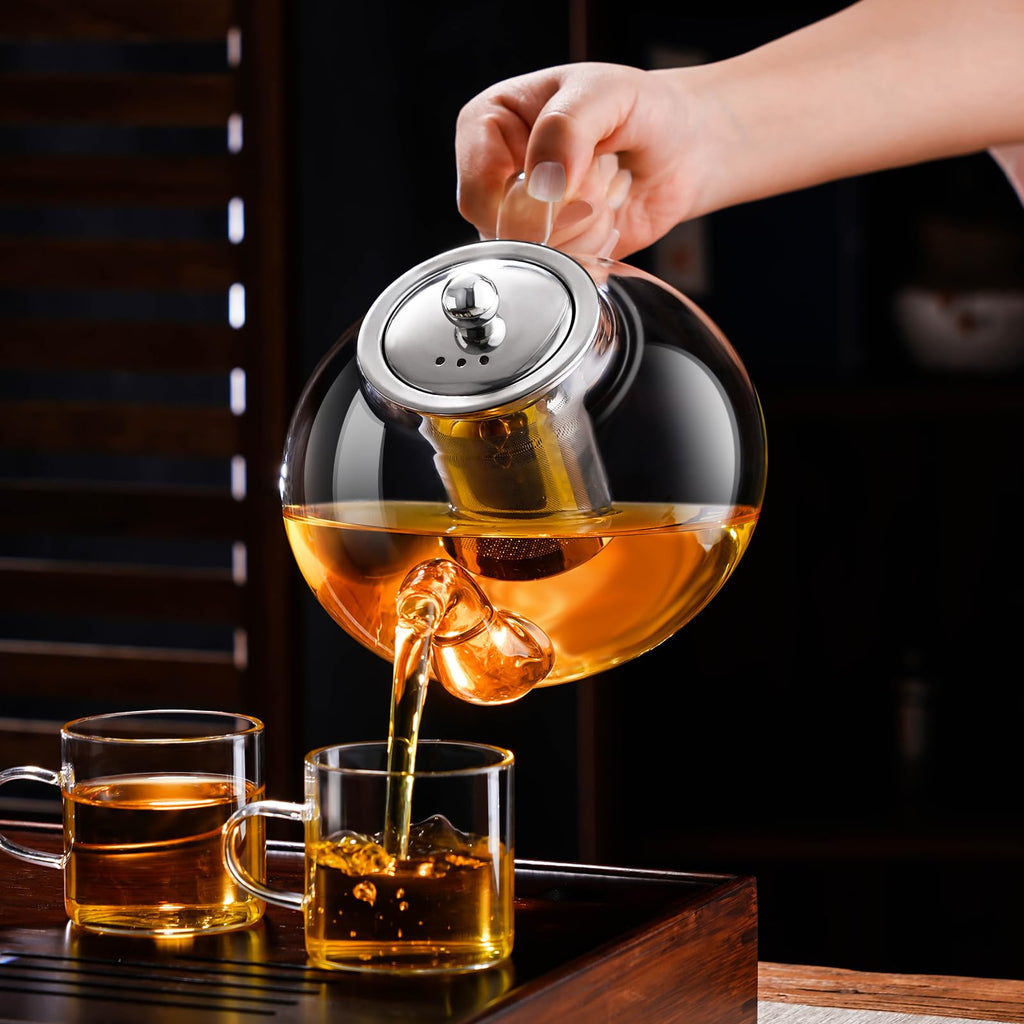 PARACITY Glass Teapot with Infuser, 34 oz Stovetop Tea Kettle, Long Spout | Borosilicate body and removable 18/8 stainless steel strainer brew blooming or loose leaf blends at home, camping or travel