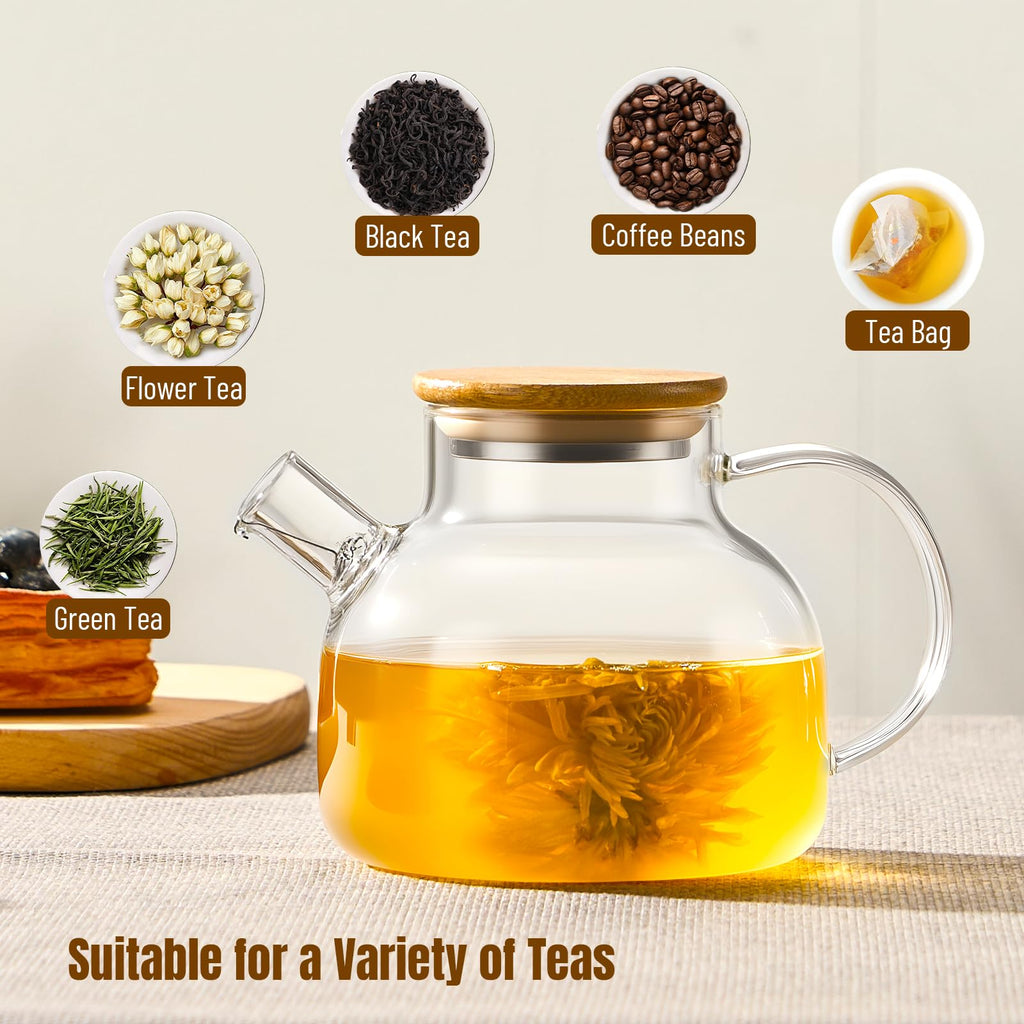 PARACITY Glass Teapot with Infuser, 34 oz Stovetop Tea Kettle, Long Spout | Borosilicate body and removable 18/8 stainless steel strainer brew blooming or loose leaf blends at home, camping or travel