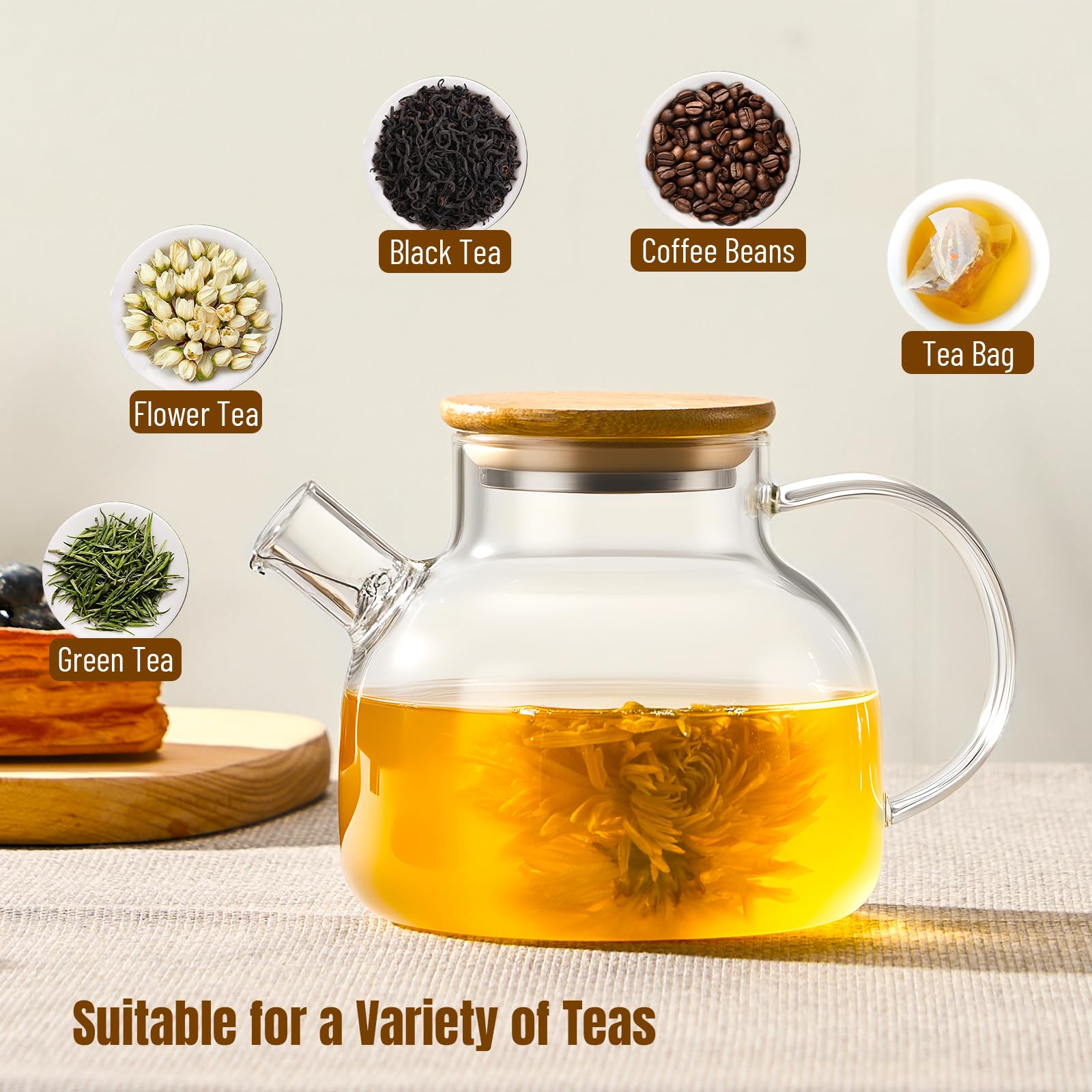 PARACITY Glass Teapot with Infuser, 34 oz Stovetop Tea Kettle, Long Spout | Borosilicate body and removable 18/8 stainless steel strainer brew blooming or loose leaf blends at home, camping or travel