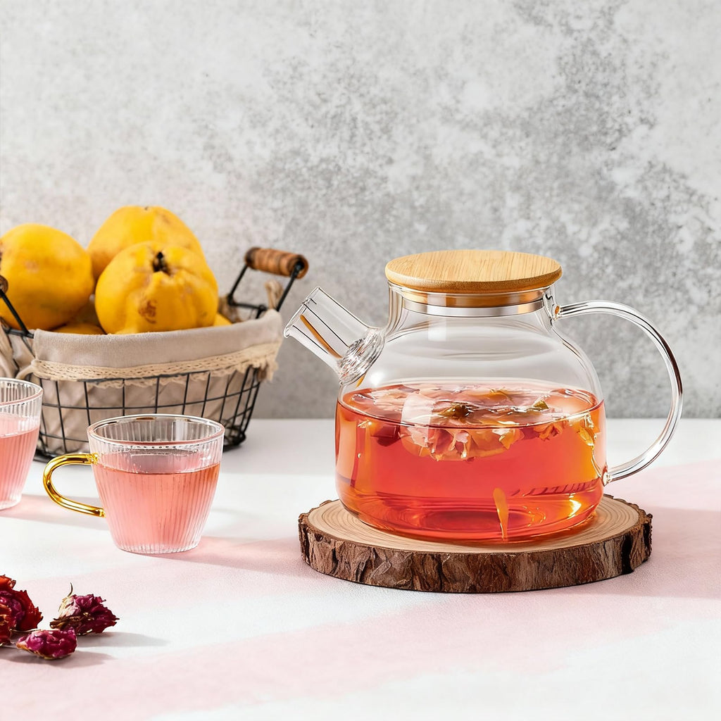 PARACITY Glass Teapot with Infuser, 34 oz Stovetop Tea Kettle, Long Spout | Borosilicate body and removable 18/8 stainless steel strainer brew blooming or loose leaf blends at home, camping or travel