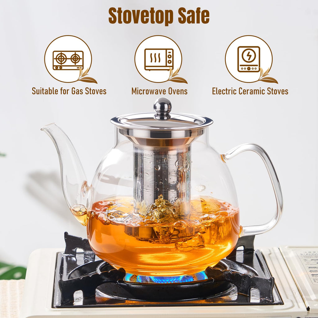 PARACITY Glass Teapot with Infuser, 34 oz Stovetop Tea Kettle, Long Spout | Borosilicate body and removable 18/8 stainless steel strainer brew blooming or loose leaf blends at home, camping or travel