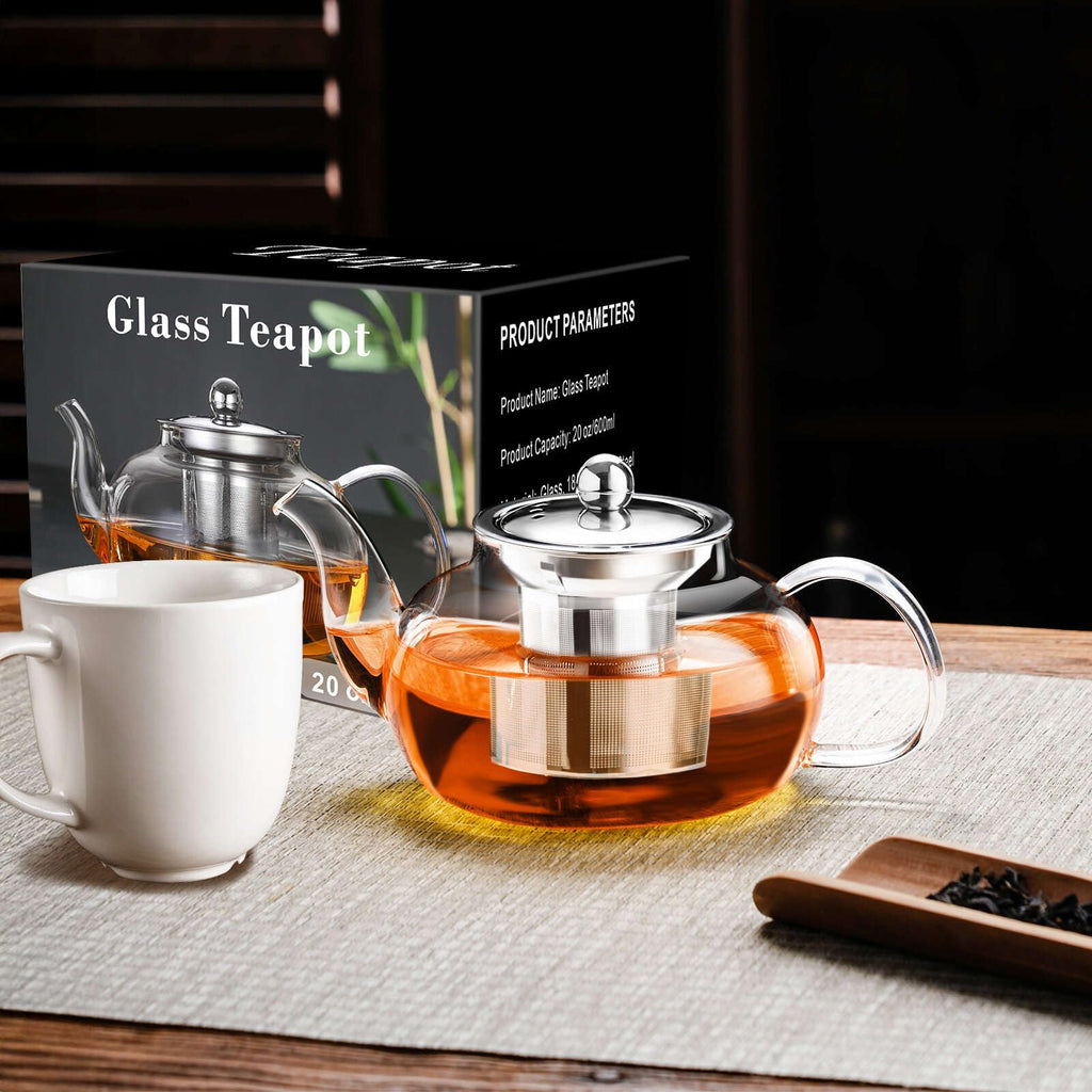 PARACITY Glass Teapot with Infuser, 34 oz Stovetop Tea Kettle, Long Spout | Borosilicate body and removable 18/8 stainless steel strainer brew blooming or loose leaf blends at home, camping or travel