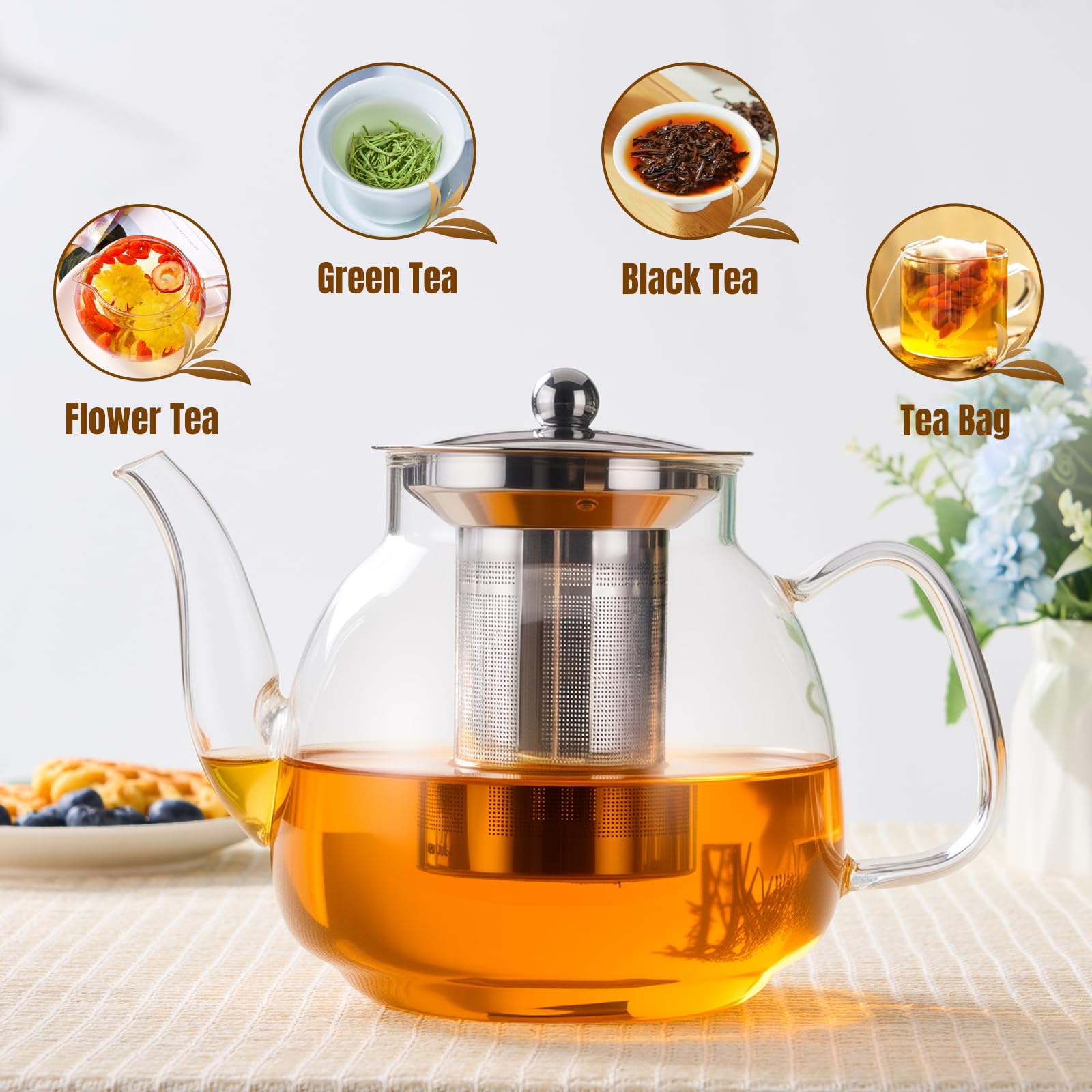 PARACITY Glass Teapot with Infuser, 34 oz Stovetop Tea Kettle, Long Spout | Borosilicate body and removable 18/8 stainless steel strainer brew blooming or loose leaf blends at home, camping or travel