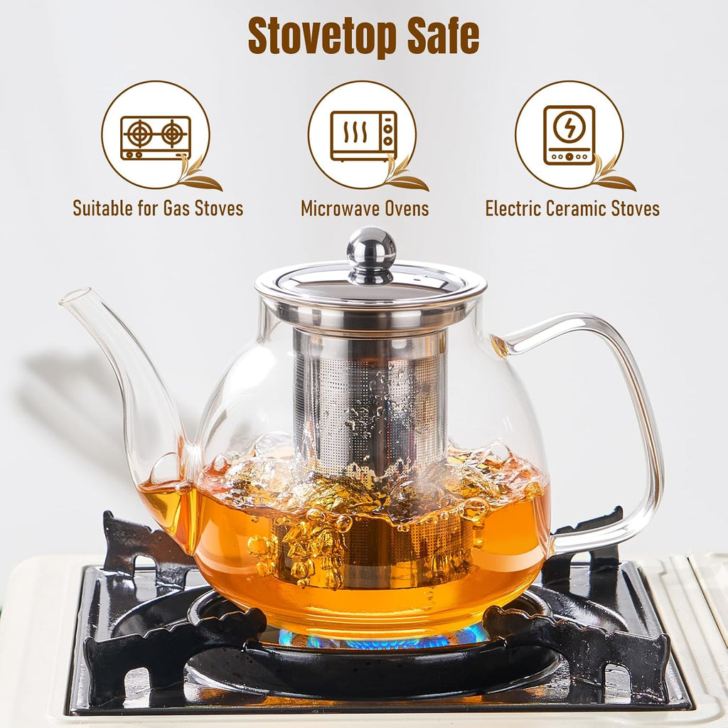PARACITY Glass Teapot with Infuser, 34 oz Stovetop Tea Kettle, Long Spout | Borosilicate body and removable 18/8 stainless steel strainer brew blooming or loose leaf blends at home, camping or travel