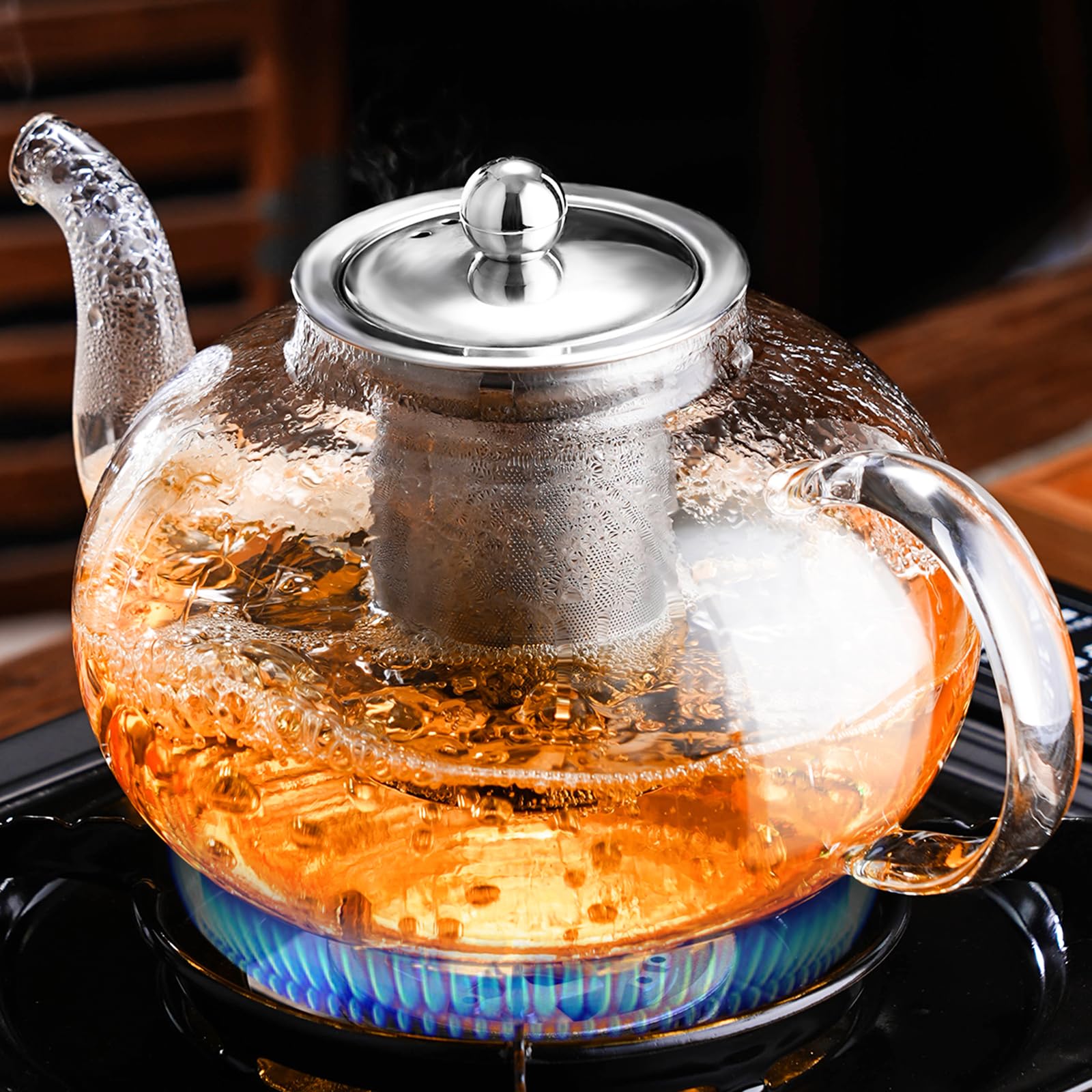 PARACITY Glass Teapot with Infuser, 34 oz Stovetop Tea Kettle, Long Spout | Borosilicate body and removable 18/8 stainless steel strainer brew blooming or loose leaf blends at home, camping or travel