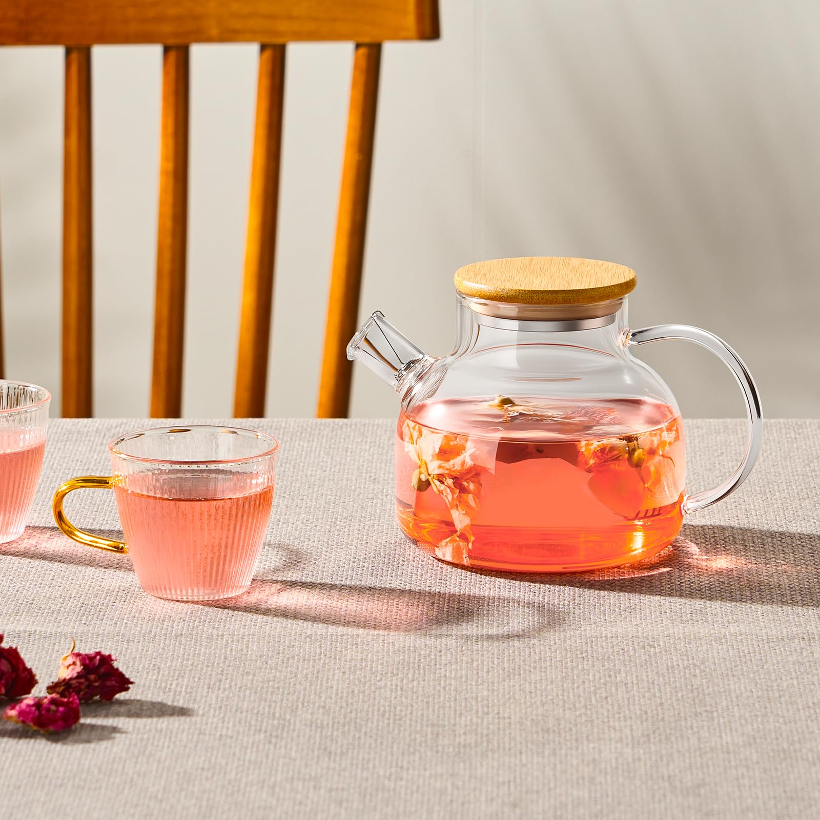 PARACITY Glass Teapot with Infuser, 34 oz Stovetop Tea Kettle, Long Spout | Borosilicate body and removable 18/8 stainless steel strainer brew blooming or loose leaf blends at home, camping or travel