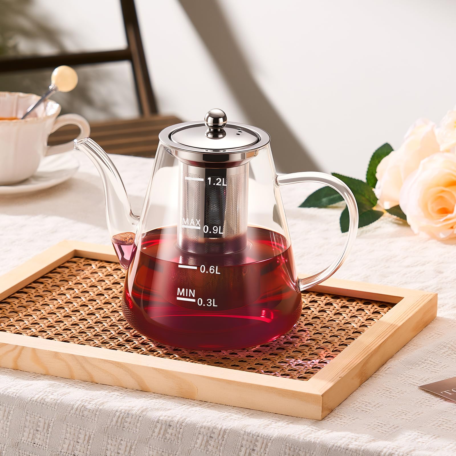 PARACITY Glass Teapot with Infuser, 34 oz Stovetop Tea Kettle, Long Spout | Borosilicate body and removable 18/8 stainless steel strainer brew blooming or loose leaf blends at home, camping or travel