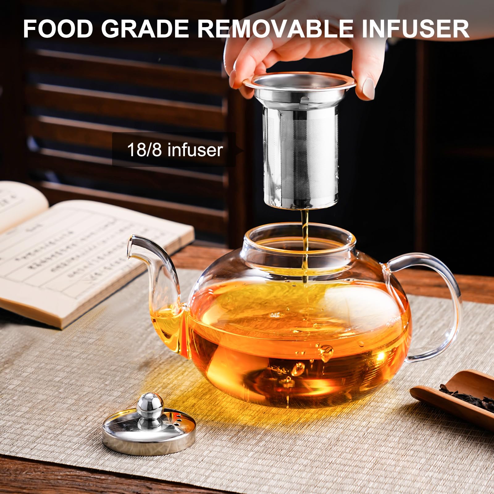 PARACITY Glass Teapot with Infuser, 34 oz Stovetop Tea Kettle, Long Spout | Borosilicate body and removable 18/8 stainless steel strainer brew blooming or loose leaf blends at home, camping or travel