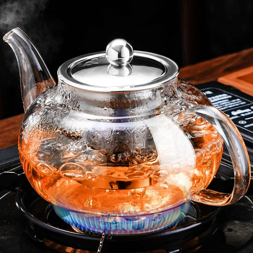 PARACITY Glass Teapot with Infuser, 34 oz Stovetop Tea Kettle, Long Spout | Borosilicate body and removable 18/8 stainless steel strainer brew blooming or loose leaf blends at home, camping or travel