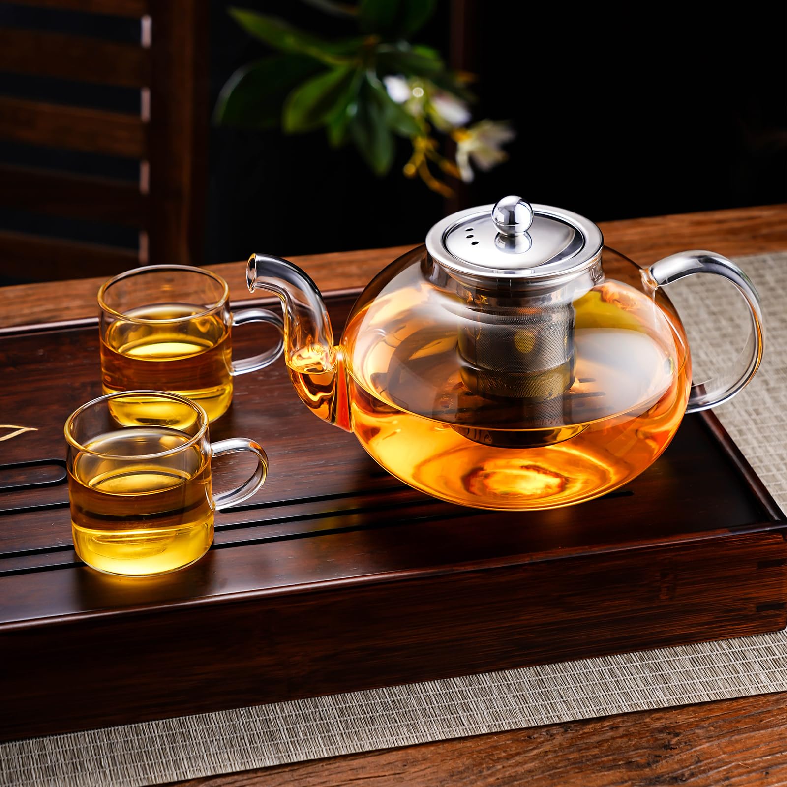 PARACITY Glass Teapot with Infuser, 34 oz Stovetop Tea Kettle, Long Spout | Borosilicate body and removable 18/8 stainless steel strainer brew blooming or loose leaf blends at home, camping or travel