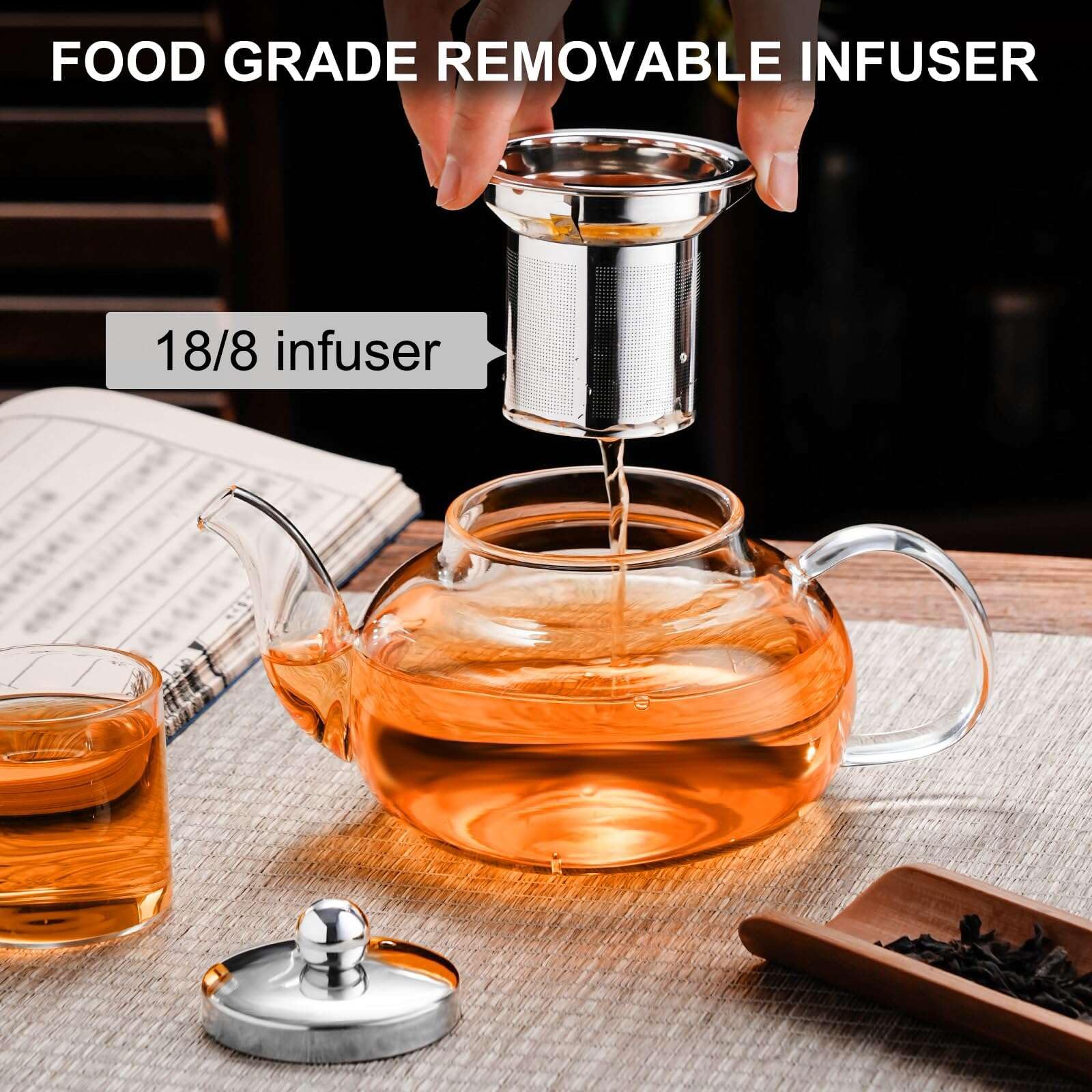 PARACITY Glass Teapot with Infuser, 34 oz Stovetop Tea Kettle, Long Spout | Borosilicate body and removable 18/8 stainless steel strainer brew blooming or loose leaf blends at home, camping or travel