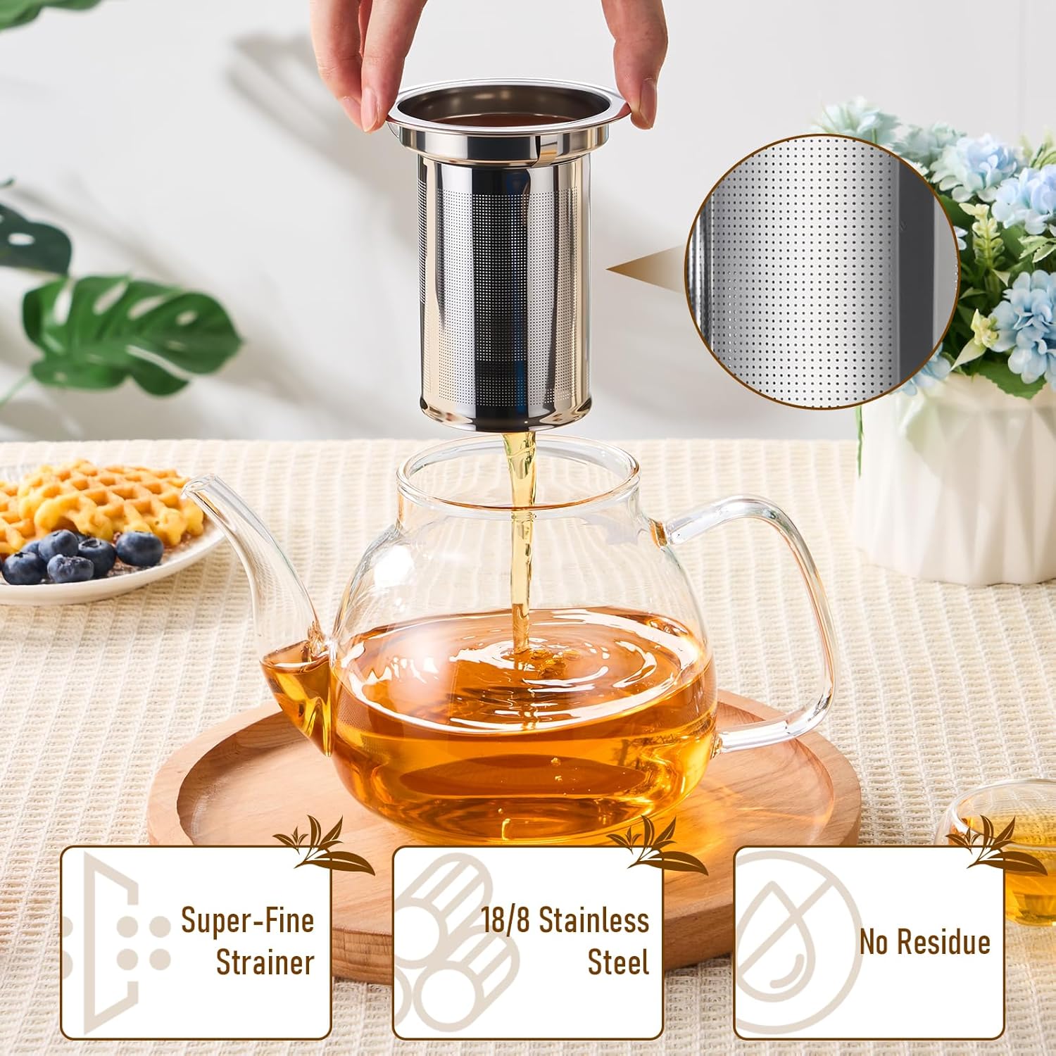 PARACITY Glass Teapot with Infuser, 34 oz Stovetop Tea Kettle, Long Spout | Borosilicate body and removable 18/8 stainless steel strainer brew blooming or loose leaf blends at home, camping or travel