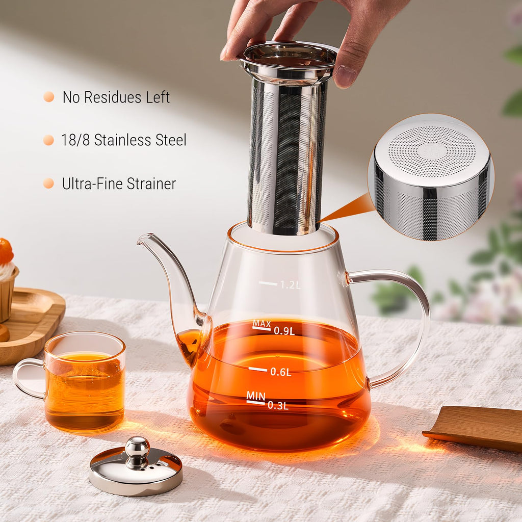 PARACITY Glass Teapot with Infuser, 34 oz Stovetop Tea Kettle, Long Spout | Borosilicate body and removable 18/8 stainless steel strainer brew blooming or loose leaf blends at home, camping or travel